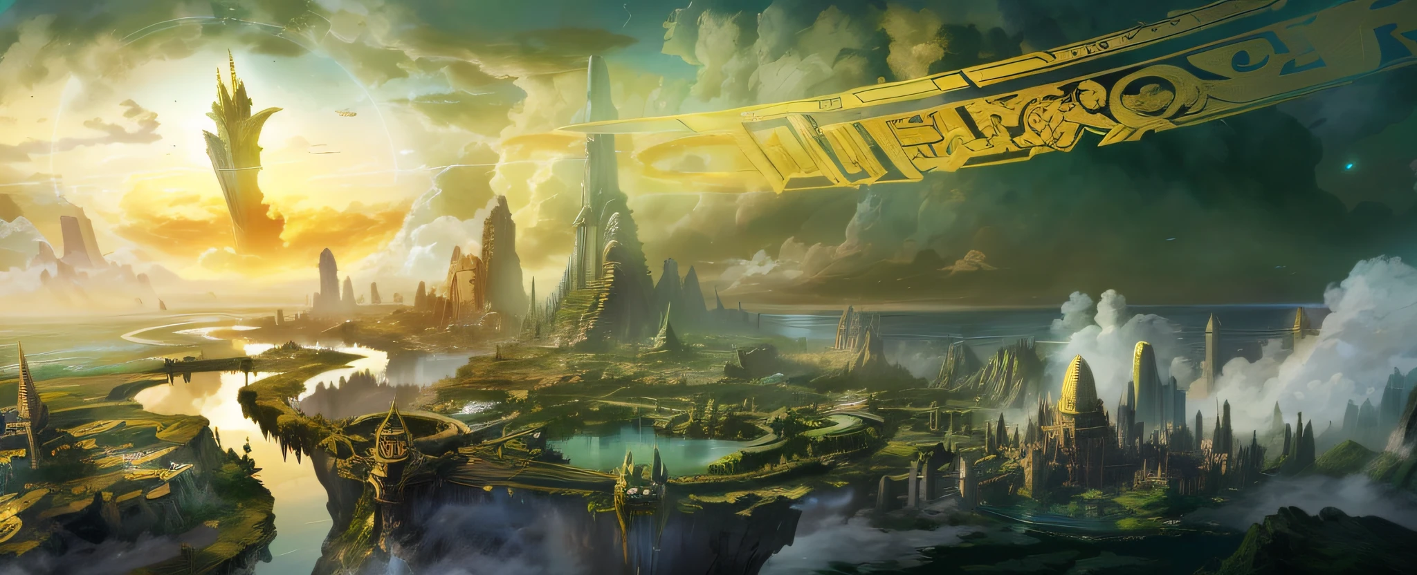 An artwork showing an airplane sitting on the edge of a fantasy world with a city in front of it, stylized in green and gold, gold masks, bronzes, multilayered imagery with subtle irony, re-imagined religious art, lifelike renderings, illusionary details zbrush, illustrated advertisement, Khmer art, 3840x2160, Michael Komarck