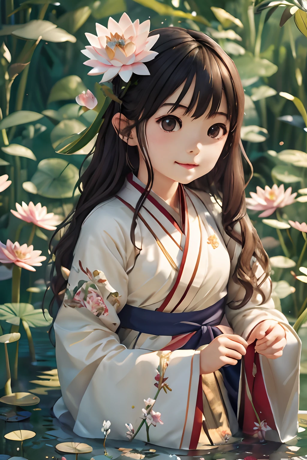 (best qualtiy,tmasterpiece,Hyper-realistic),1 beautiful and delicate portrait of a girl,Playful and cute,Hanfu, Moon,Chao yang, sonoko, Bamboo, water lily,(illustration: 1.0), Epic composition, Realistic lighting, HD details, Masterpiece, Best quality, (Very detailed CG unity 8k