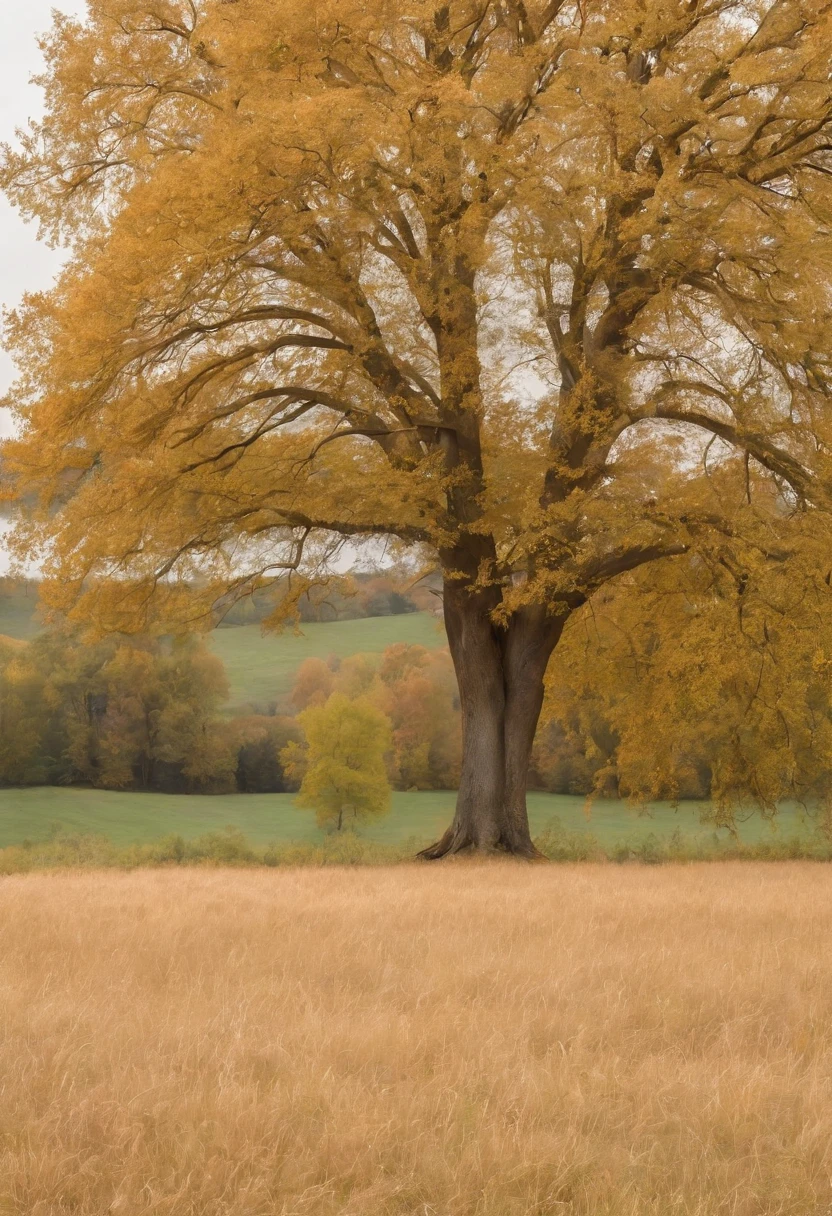 An empty grassy field and in the vast distance a single autumn tree in the center frame with a beautiful cloudy sky in the background, 8k, micro-details, photorealism, photorealistic, cinematic light, golden hour, deep shadows