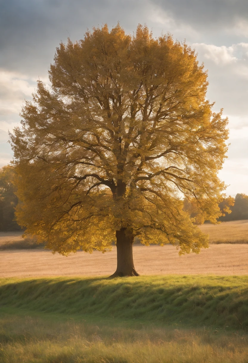 An empty grassy field and in the vast distance a single autumn tree in the center frame with a beautiful cloudy sky in the background, 8k, micro-details, photorealism, photorealistic, cinematic light, golden hour, deep shadows