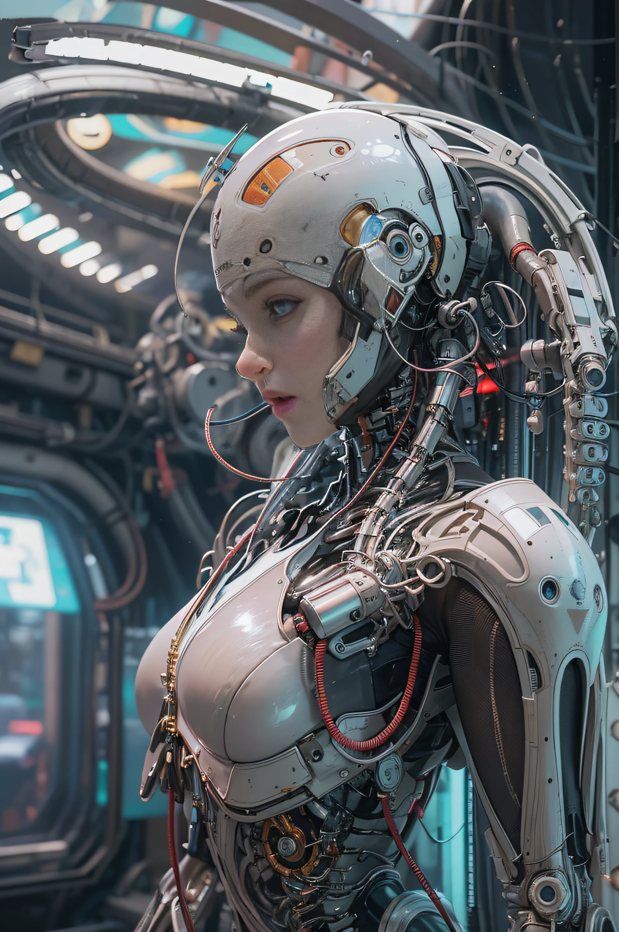 a lovely female robot, obviously mechanical, lifelike face, few open maintenance panels, standing in a machine shop on a space ship, highly detailed, intricate mechanical details, cinematic lighting, vibrant colors, futuristic, 4k, photorealistic, masterpiece, hyper detailed, exquisite craftsmanship, seamless integration of organic and inorganic elements, dynamic pose, emotive expression, cinematic atmosphere, stunning realism, mesmerizing mechanical elegance, expertly rendered