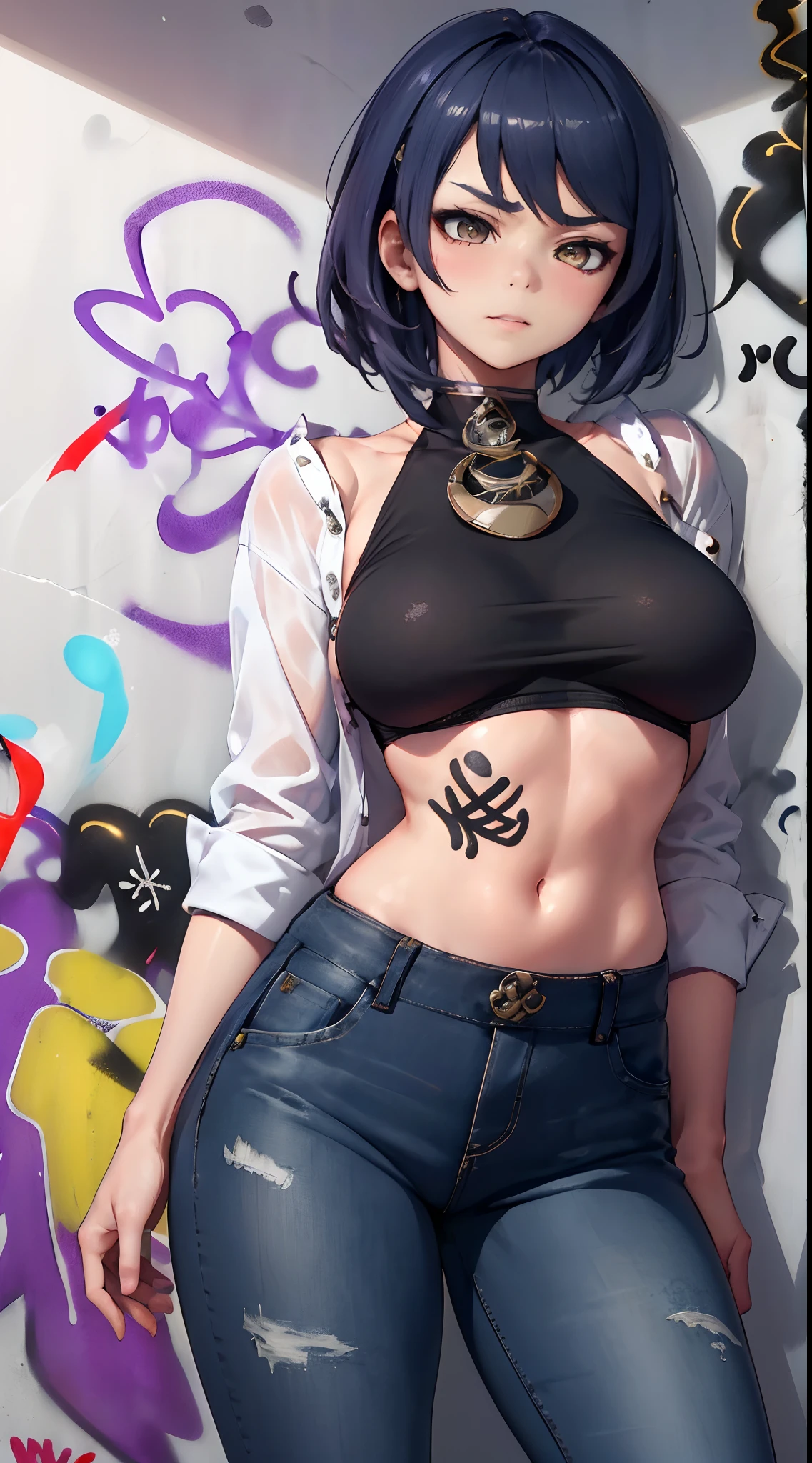 Kujou Sara Genshin Effect, masterpiece, bestquality, 1girls, oversized breasts, bara, dress shirt, Long Jeans, choker, (Graffiti:1.5), Splash with purple lightning pattern., arm behind back, against wall, View viewers from the front., Thigh strap, Head tilt, bored, water eyes,
