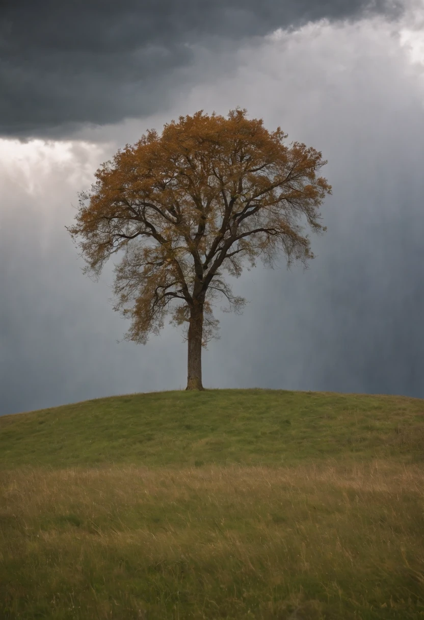 An empty grassy field and in the vast distance a single autumn tree in the center frame with an angry cloudy storm in the sky in the background, 8k, micro-details, photorealism, photorealistic, cinematic light, deep shadows