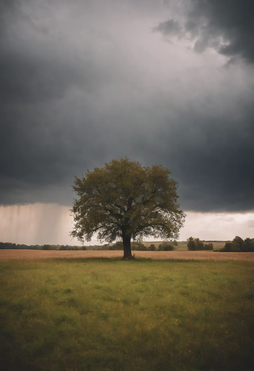 An empty grassy field and in the vast distance a single autumn tree in the center frame with an angry cloudy storm in the sky in the background, 8k, micro-details, photorealism, photorealistic, cinematic light, deep shadows