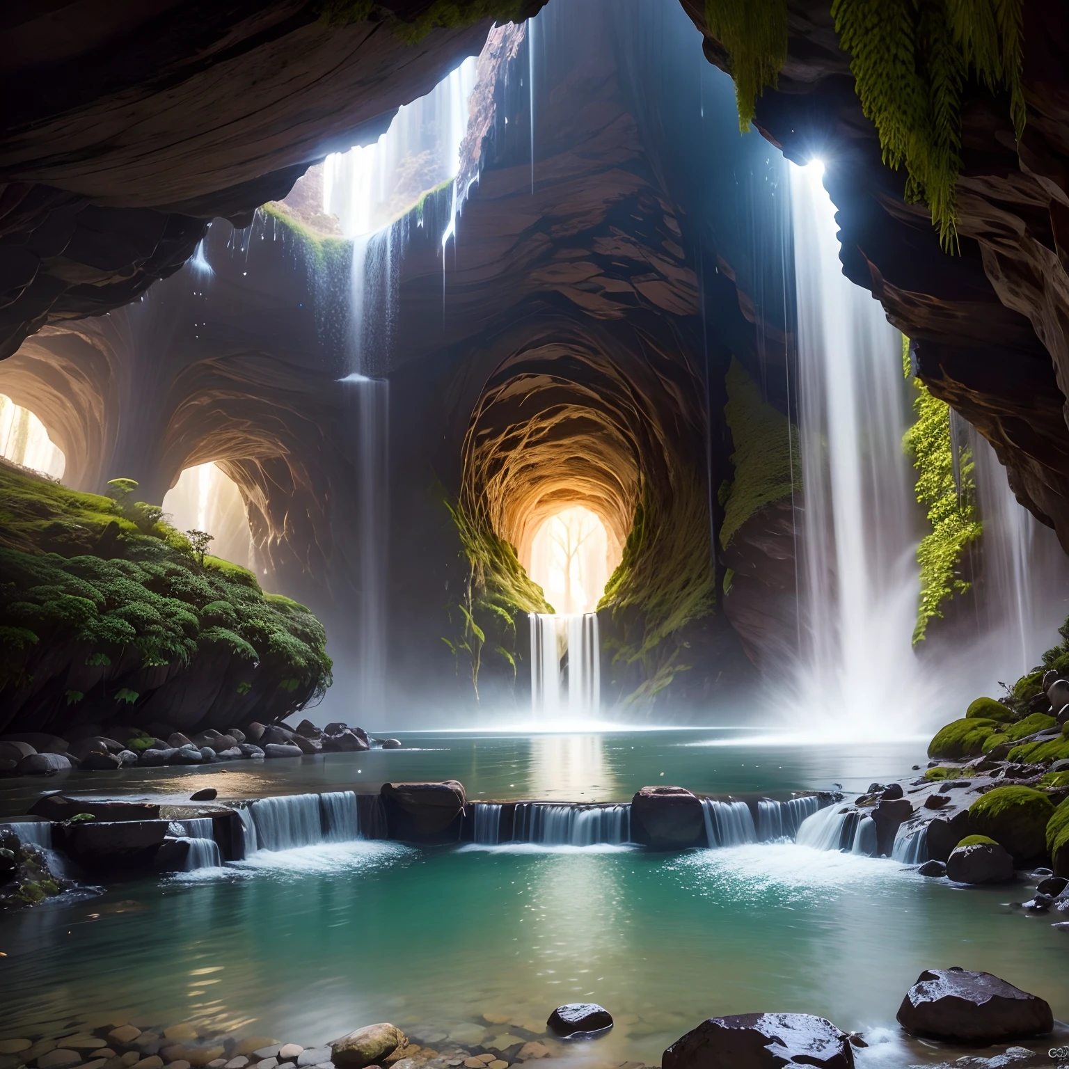 Caverna de flores perto da floresta encantada, cachoeira, pedras preciosas, birds flying, brilho nas flores, magic lights, alta qualidade, super realista, hiper detalhado, 10k.