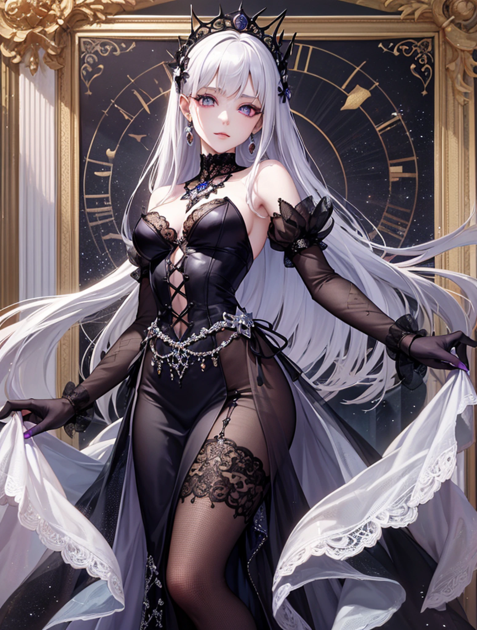 Countess Seraphina possesses an ethereal beauty with porcelain skin and waist-length silver hair, partially adorned with amethyst hairpins. Her eyes are a striking shade of amethyst as well, giving her an almost otherworldly allure.
Costume: She prefers gowns in rich, deep purples and blacks, often accessorized with lace, ruffles, and silver filigree. Her attire is both elegant and slightly Gothic, with a penchant for wearing a delicate choker with a small amethyst pendant