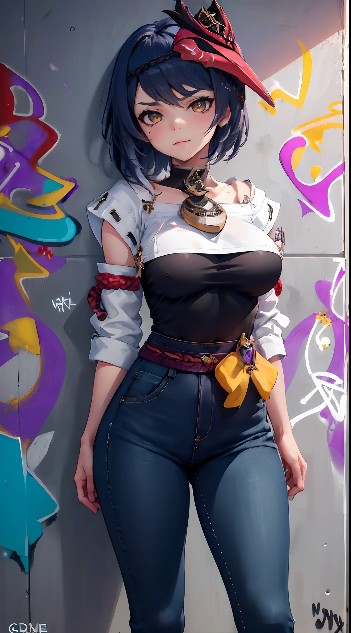 Kujou Sara Genshin Effect, masterpiece, bestquality, 1girls, oversized breasts, bara, dress shirt, Long Jeans, choker, (Graffiti:1.5), Splash with purple lightning pattern., arm behind back, against wall, View viewers from the front., Thigh strap, Head tilt, bored, water eyes,