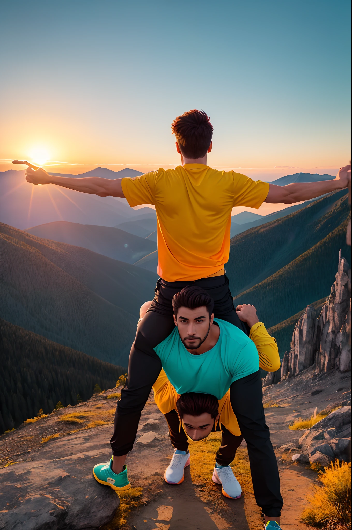 Man on his back with his arms raised with an image of a sun rising at the top of the mountain. Describe the scene in detail, black pants, white shirt, highlighting the vibrant colors, Yellow, Orange, Red, Purple, Green, Blue, Pink, Turquoise in the landscape, ultra realistic, 16:9 portrait, ultra hd 8k resolution