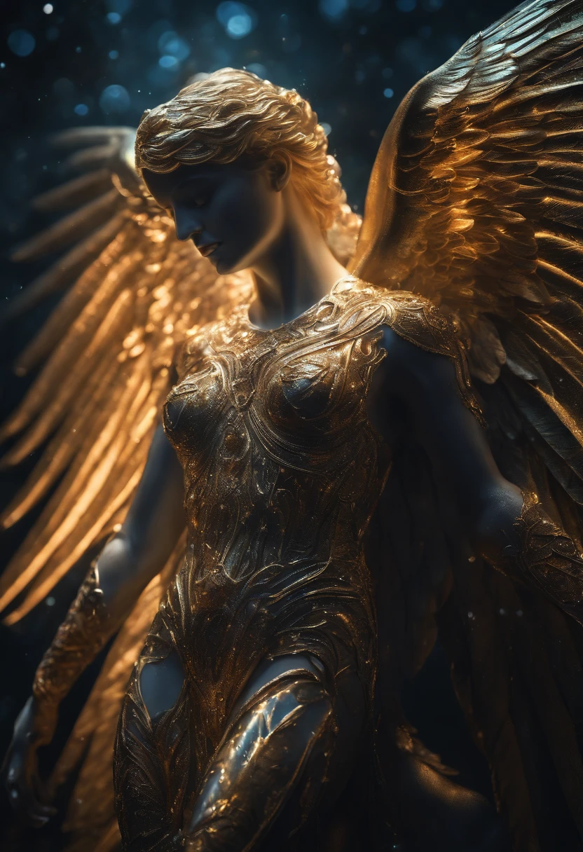 cosmic fallen angel, olhos claros brilhantes, Biomechanicals, estranho, assustador, Pesadelo, cores muito brilhantes, light particles, com luz brilhante, Mshiff, Arte do papel de parede, Papel de parede UHD