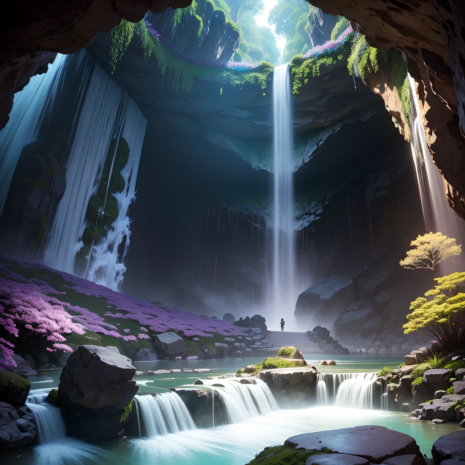 Caverna de flores perto da floresta encantada, cachoeira, pedras preciosas, birds flying, brilho nas flores, magic lights, alta qualidade, super realista, hiper detalhado, 10k.