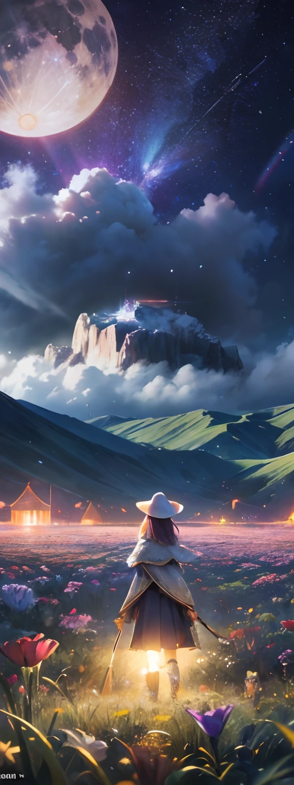 Vast landscape photo, (viewed from below, the sky is above and the open field is below), a girl standing on a flower field looking up, (full moon: 1.2), (meteor: 0.9), (nebula: 1.3), distant mountains , Trees BREAK Crafting Art, (Warm Light: 1.2), (Fireflies: 1.2), Lights, Lots of Purple and Orange, Intricate Details, Volumetric Lighting, Realism BREAK (Masterpiece: 1.2), (Best Quality), 4k, Ultra-Detailed, (Dynamic Composition: 1.4), Very Detailed, Colorful Details, (Rainbow Colors: 1.2), (Glow Lighting, Atmospheric Lighting), Dreamy, Magical, (Solo: 1.2)