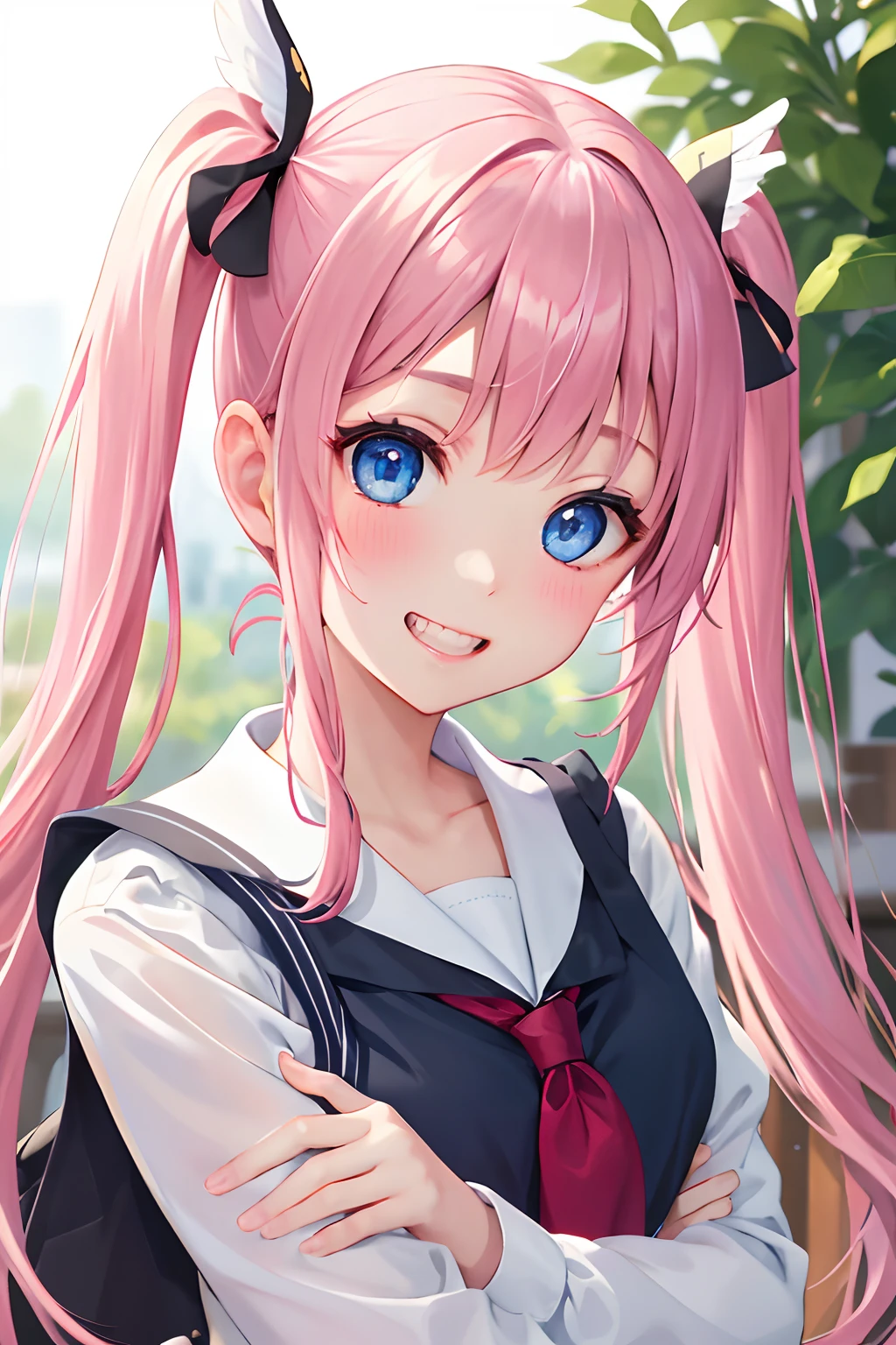 masterpiece:1.2、hightquality、top-quality、hight resolution、detaileds、A hyper-realistic、20Beauty of the same age、long hair with pink twin tails,,,,,,,,,,,,,,,,,、Beautiful blue eyes、tilt of the head、morning glow、birdie、rainbows、portlate、Lovely smile、High girl showing teeth、(A detailed face)、((foco nítido))、((faces))、full bodyesbian