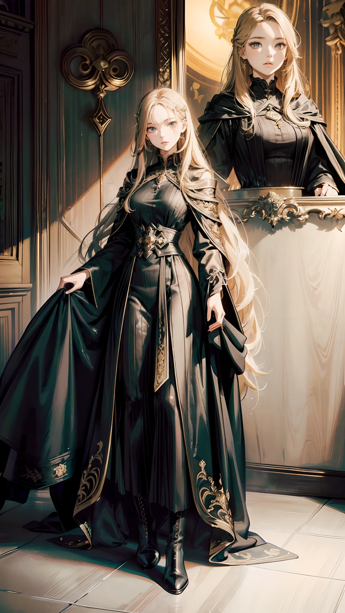 masterpiece, super fine illustration, extremely detailed, 1girl, flat background, full body, standing, extremely detailed face and eyes, 、The girl、waist-length long hair、golden hair、Wearing a long black dress、wearing black boots、High-neck clothes、Black robe cloak --auto