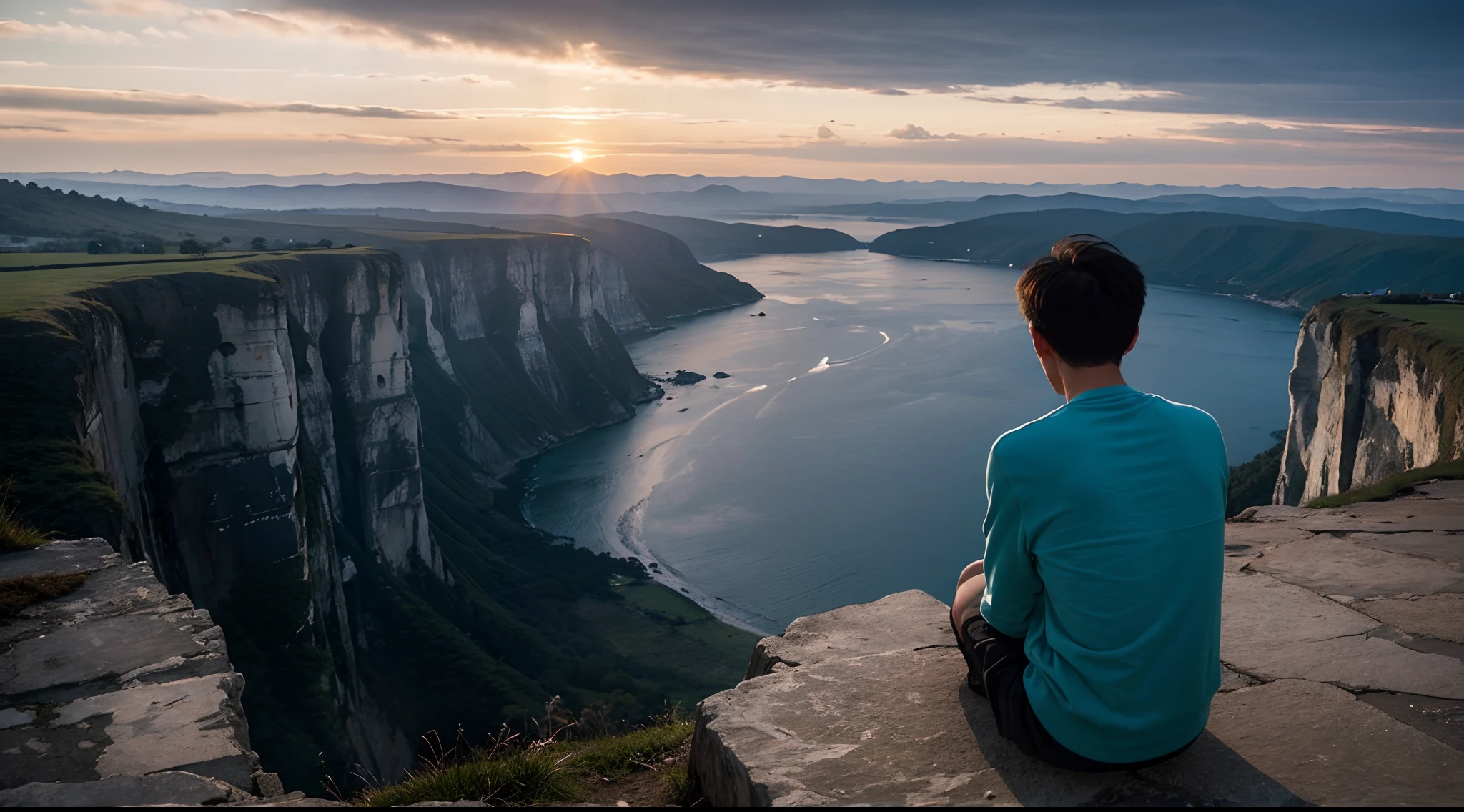 The back of an Asian boy with short hair,Leisure set,Can't see the face,sitting at the edge of a cliff,Looking at the setting sun in the distance,photorealestic,super wide shot,The overall feeling is very sad,Photo texture,Movie chasing light,The skin texture is clear,The texture of the clothes is obvious,Surrealist depiction