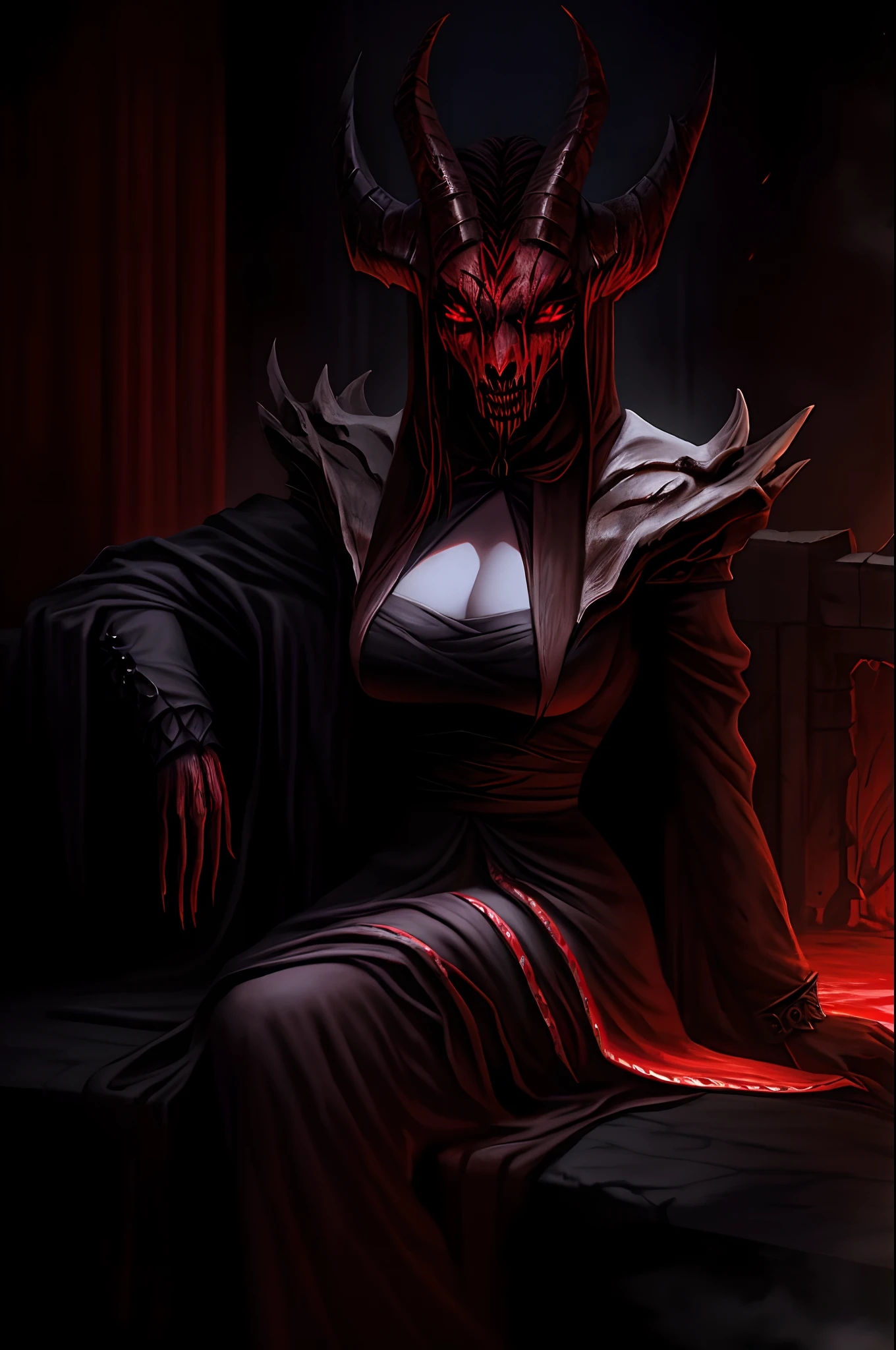 very horny female devil, morbid angel, sweaty, big fake silicone breasts, red skin, scarification all over the body, devil's tail on the lower back just above the butt, detailed eyes, red eyes, detailed lips, beautiful face, full makeup, lewd pose on altar, satanic ritual in the hellish dungeon, dark atmosphehre background, body fluids everywhere, urine, semen, scat, 8k, half length realistic photo, dramatic lighting, photorealistic, highly detailed, insane details, very detailed, epic, dramatic, photorealistic, photography, hyperornate details, particuls, ultra detail, unreal engine 5