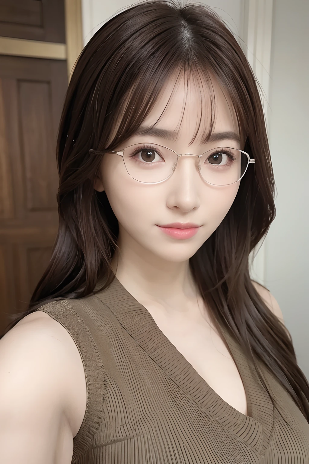 (8K, Best Quality, Masterpiece: 1.2), (Realistic, Photorealistic: 1.37), Best Quality, Masterpiece, Absurdity, Huge File Size, Ultra High Definition, Very Elaborate Girl, Very Elaborate Eyes and Face, Beautiful Eyes, Brown Eyes, Facing Forward, Look at the Beholder, Upper Body, Glasses, Straight Hair, Sweater, Middle Breast, Cleavage