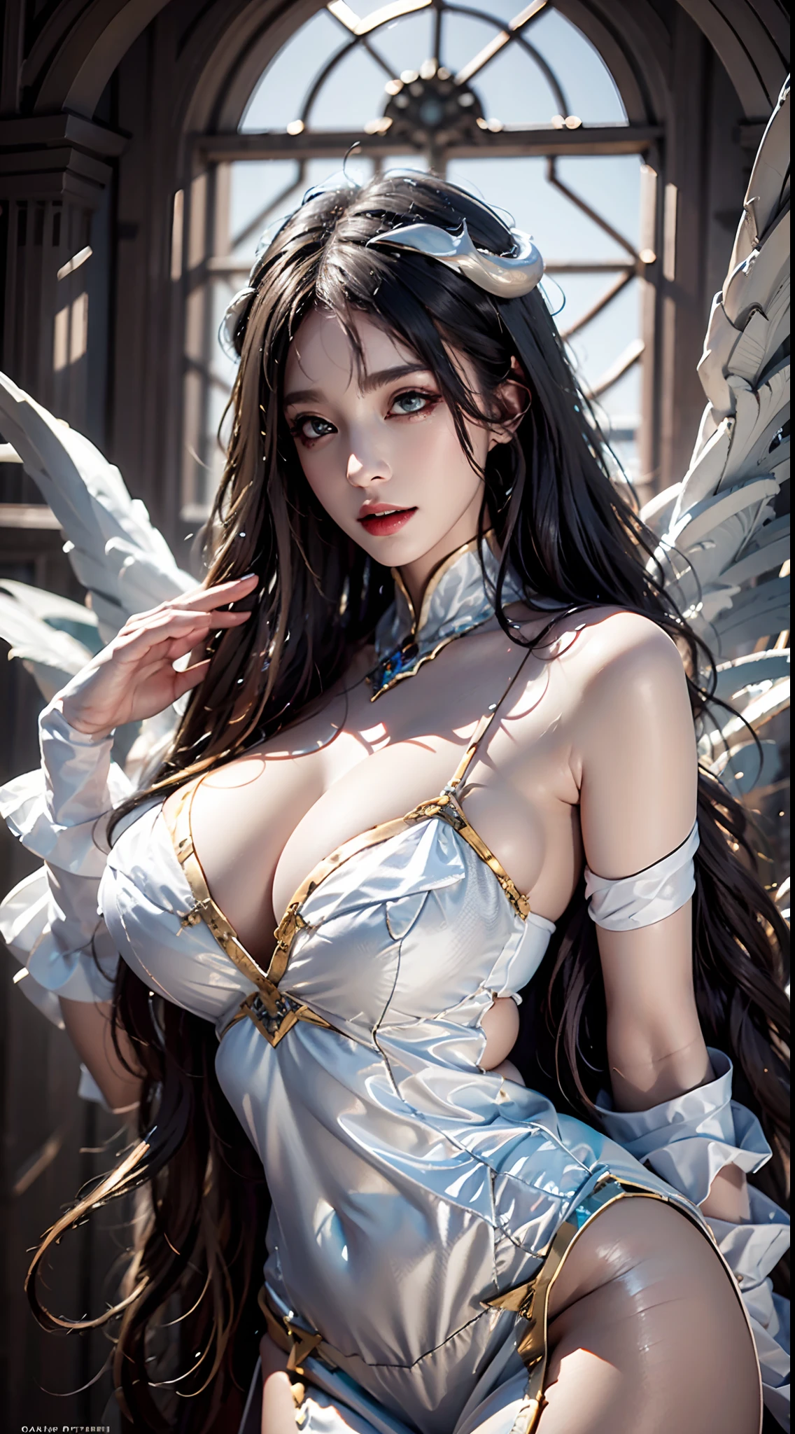 photorealistic, masterpiece, photorealistic, high resolution, soft light, hips up, Black wings, white dress, White horns, Albedo_Overlord, Black hair, (Low wing,:1.1), huge breasts, castle on the background