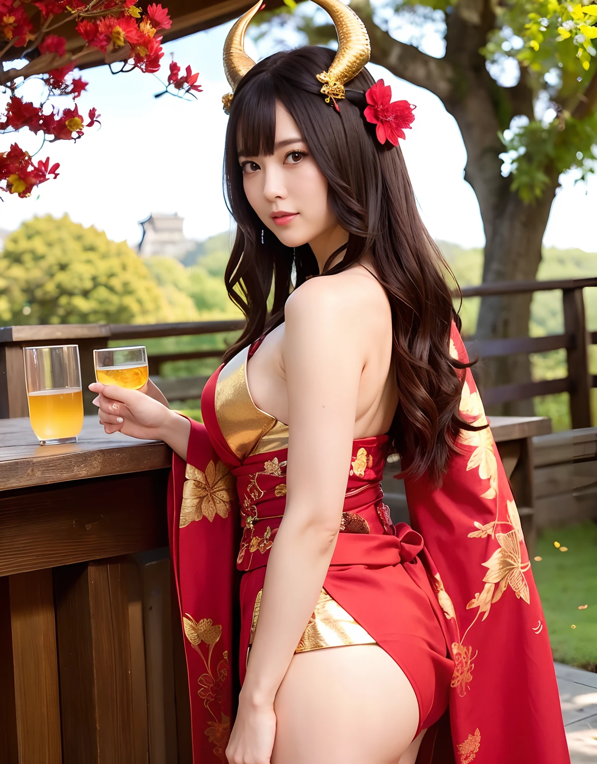 ((World of Darkness)),Professional , ​masterpiece、top-quality、photos realistic , depth of fields 、（sexypose）、(Red maple on full bloom background),（Ultimate Beauty）、A dark-haired、（shrine background)、（Kimono with beautiful pattern）、（Night background）、Beautiful hair ornament on the head、（（Precipitous cliffs））,(Wear a beautiful kimono),（Wear a beautiful kimono with colorful floral patterns）、Jewel Gold Weapon、Particles of light),(Wearing a wizard's hat）、Gorgeous gold weapons ,Castle background、（（ Gorgeous Dragon Sword）） , （a dark night）,,（maikurobikini） 、（（Black Haired Beautiful Girl））、（Castle background）、（demonic wings）、（（Gangle's forest background））、Beautiful Caucasian beauty、１a person、dynamic ungle,(((Two devil's horns on the head)))、Smaller head、Idle Smile、Thin and beautiful female hands、Mystical expression、Light Effects、intense fighting、Wind-effect、magic circles、With the legendary magic wand、Dragon's tail、