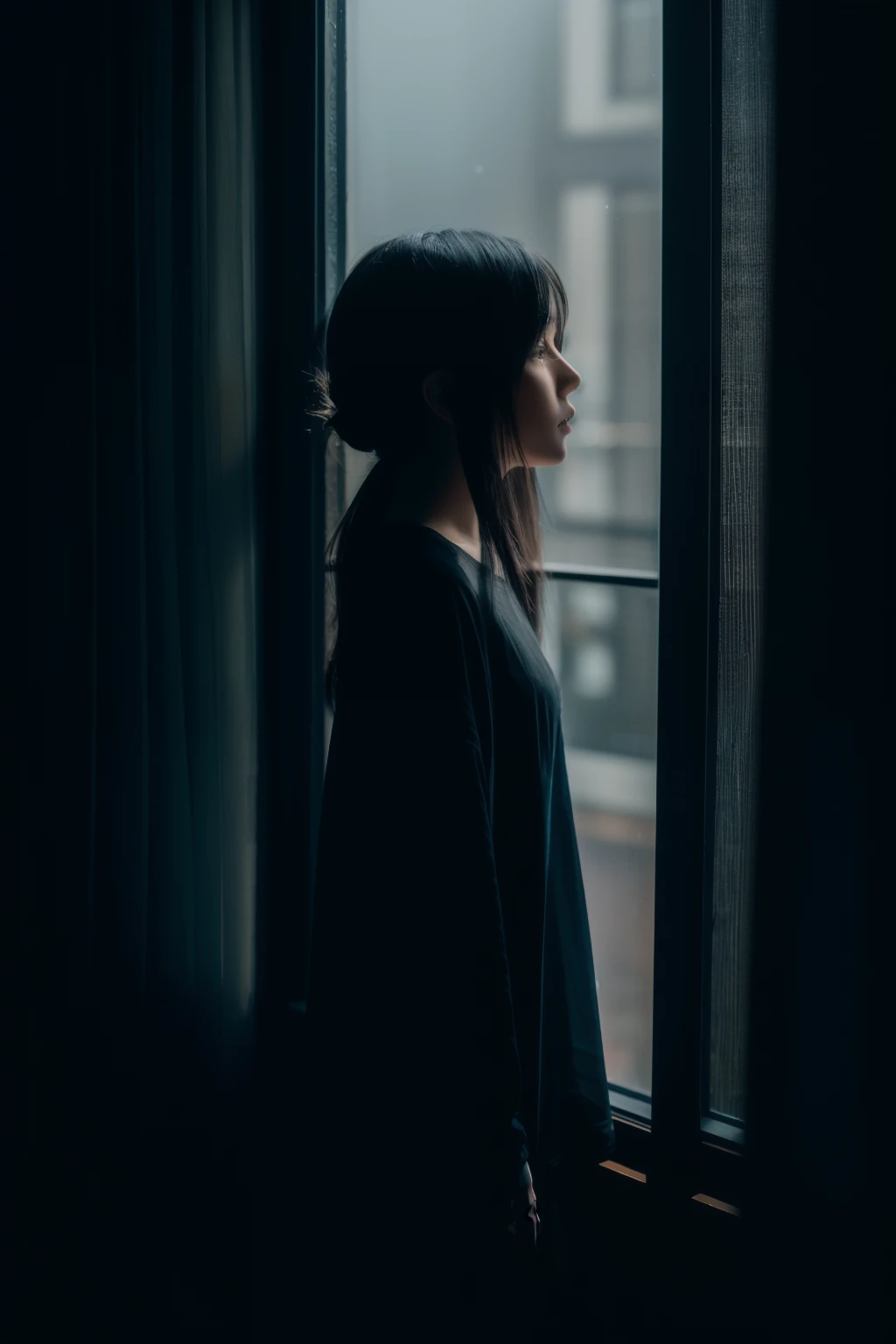 Top Quality, Masterpiece, Ultra High Resolution, Photorealistic, 1 Girl, asian, long black hair , (looking outside window) ,(looking away camera), (night) , ((dark lighting)) , (night sky), photography , short hot pants , room , oversized clothes, rainny , raindrop window