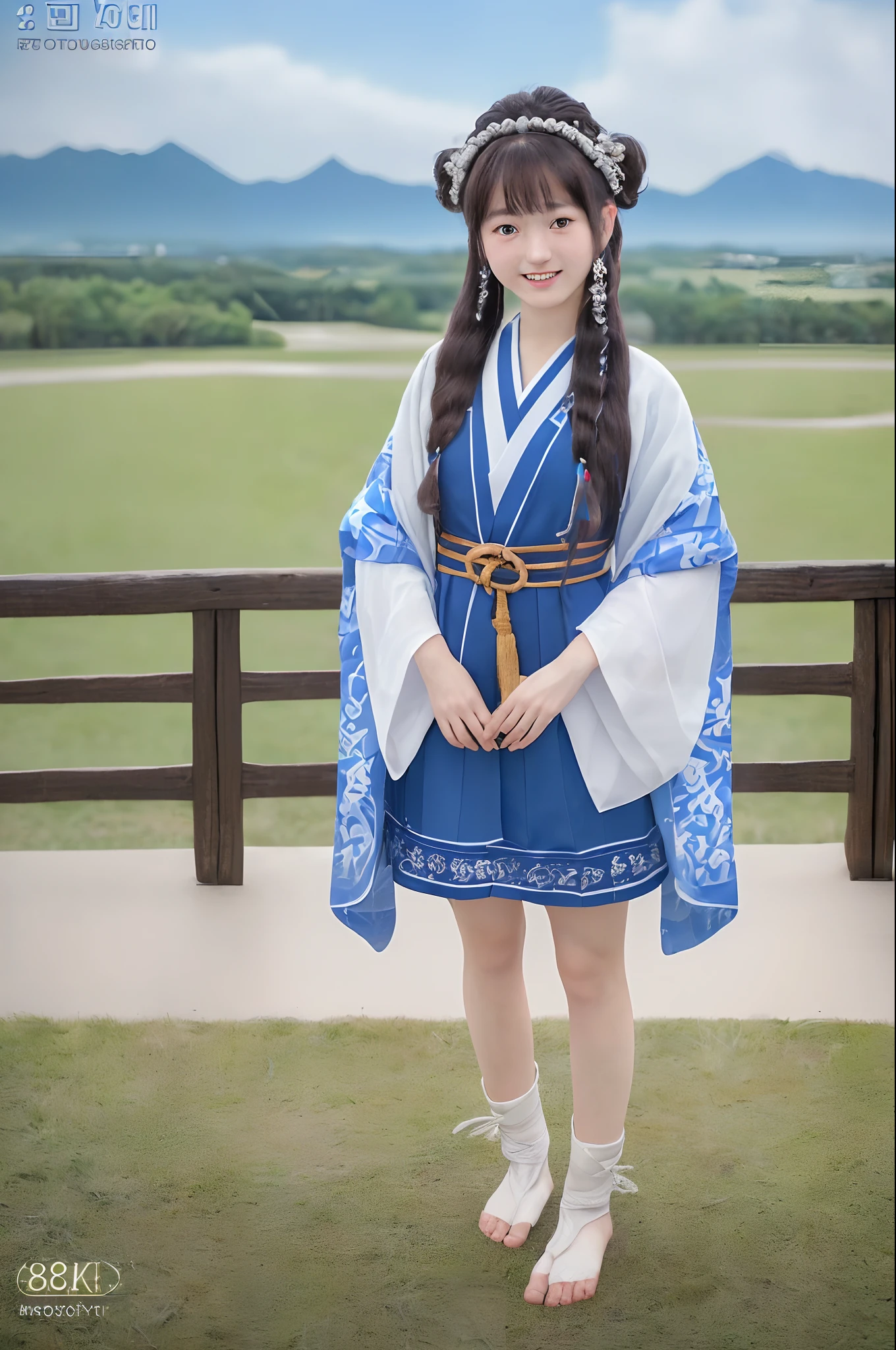 ((8K、Raw photography、Top image quality、​masterpiece、:1.2)), (realisitic、Photorealsitic:1.3), Ainu female idols, Cute 15 year old woman in Ainu costume, Female Idol Style Costume, Beautiful bare feet, Smile with all your might, Stage of an outdoor concert venue, Background of Hokkaido, cowboy  shot, dynamic ungle