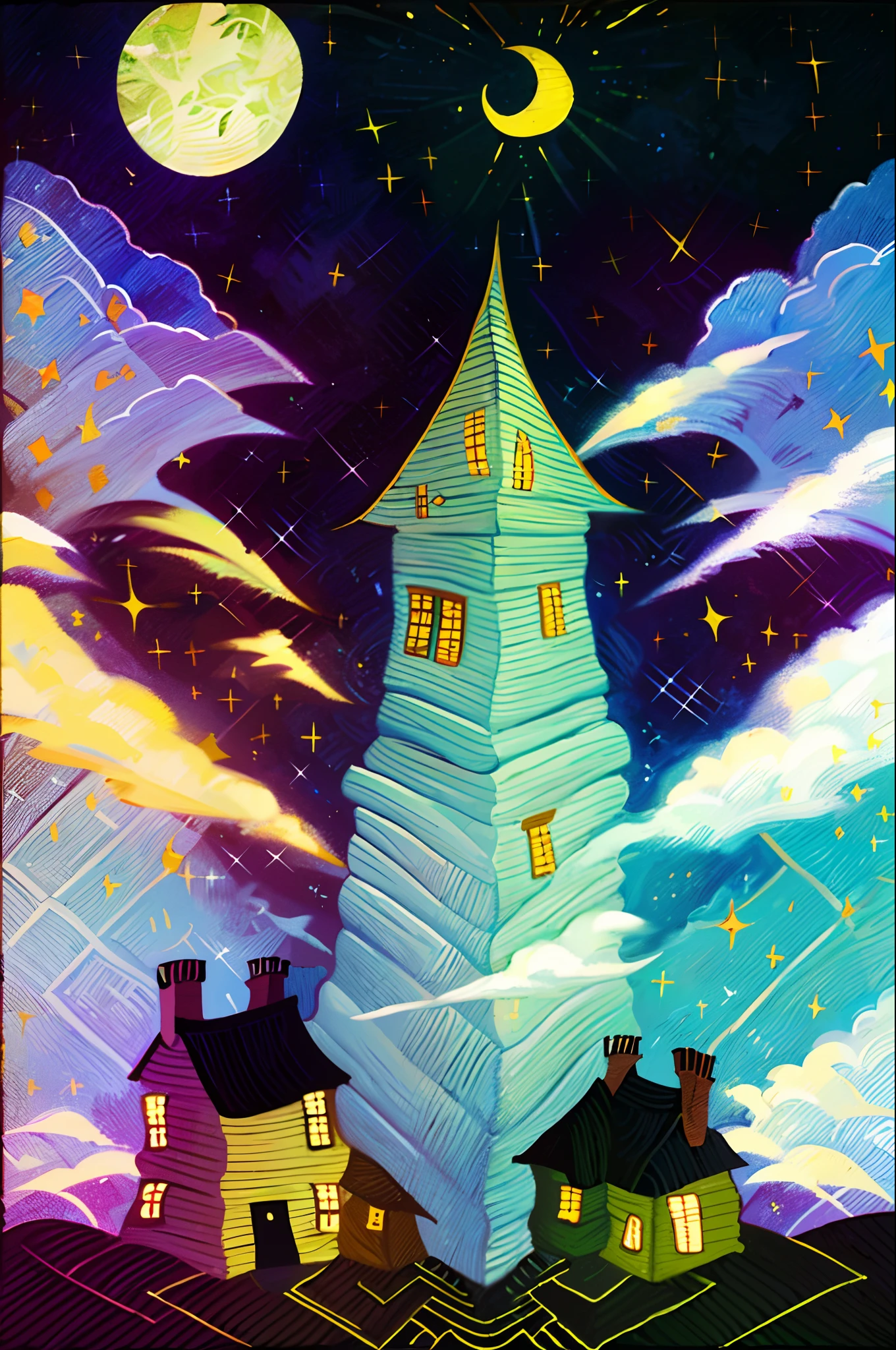 (Painting,Geometry),Night,Old village background,carpets ,(Masterpiece,Detailed,A high resolution:1.4)