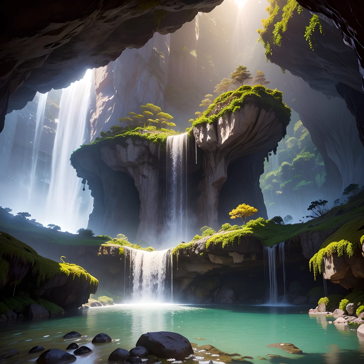 Caverna de flores perto da floresta encantada, cachoeira, pedras preciosas, birds flying, brilho nas flores, magic lights, alta qualidade, super realista, hiper detalhado, 10k.