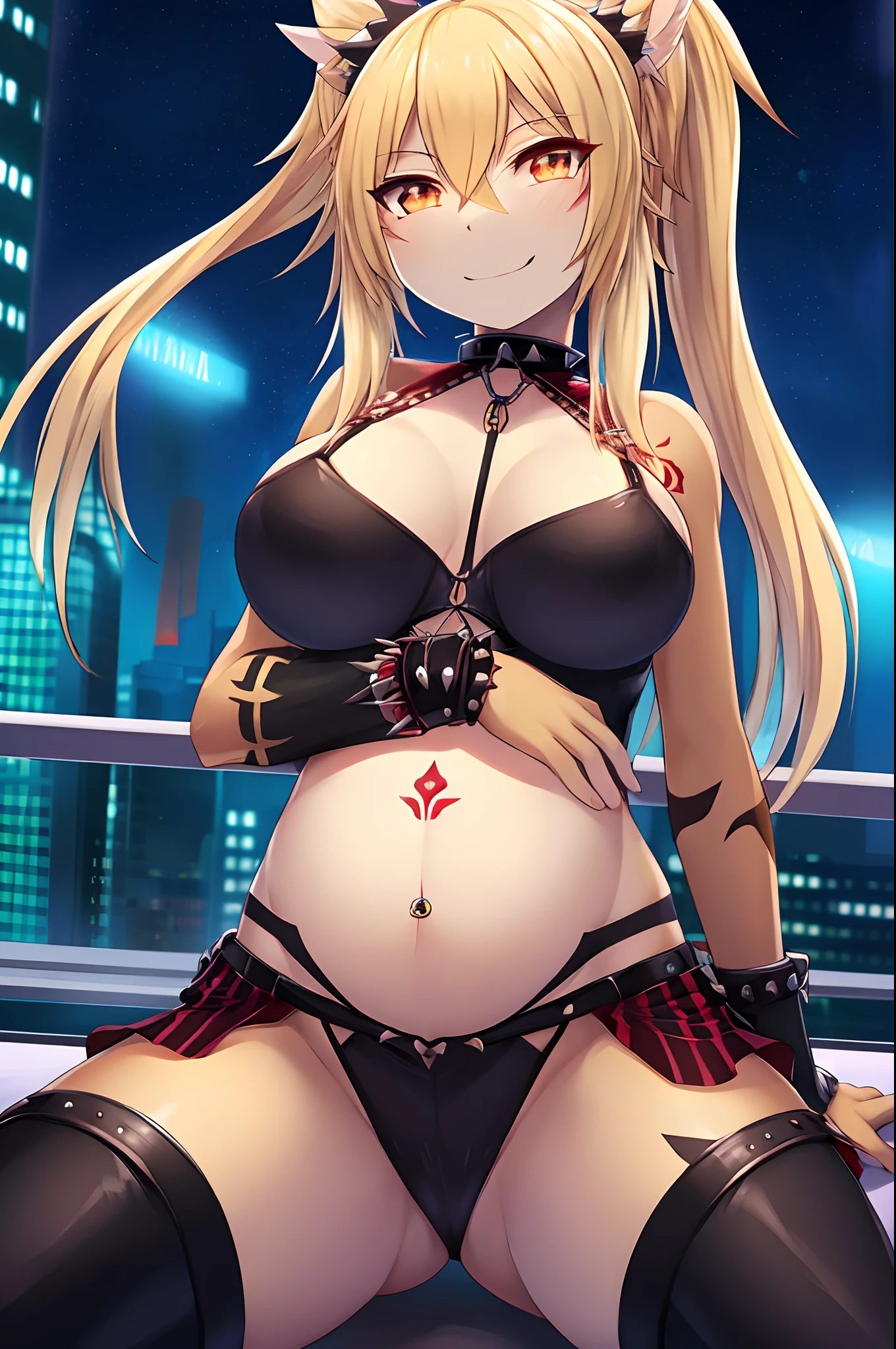 Maka, busty blonde woman with twintails, wearing a skimpy punk outfit, has an evil smile and a crazy face. She has tattoos all over her body, and her provocative attire matches her naughty and slutty personality. The night city serves as the backdrop, with its dazzling lights and vibrant atmosphere. Maka flaunts her belly piercing and wears a seductive collar, adding to her alluring appeal. The artwork should showcase the best quality, with ultra-detailed and realistic features. The colors should be vivid and the lighting should highlight Maka's wicked charm.