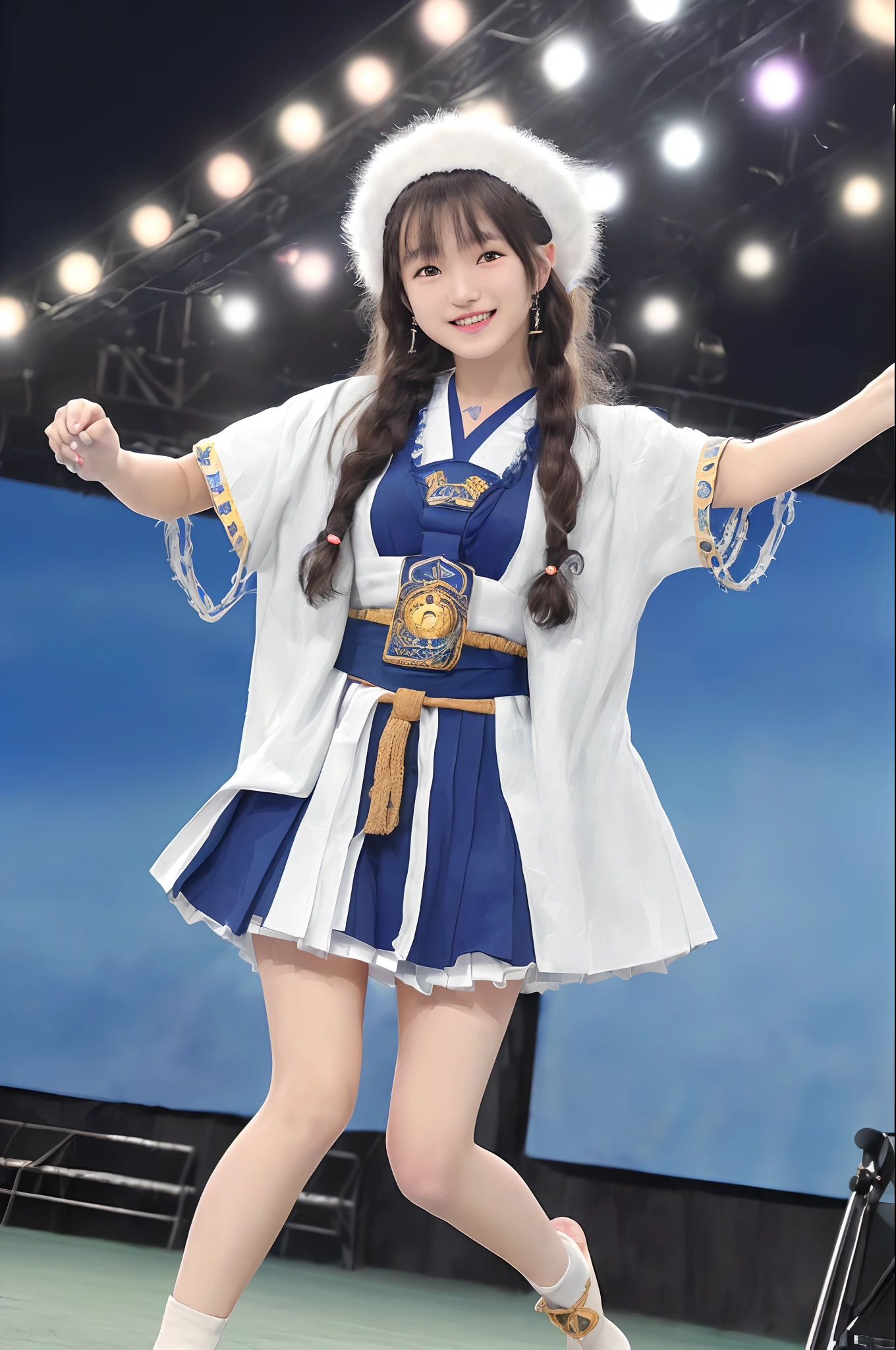 ((8K、Raw photography、Top image quality、masterpiece、:1.2)), (realisitic、Photorealsitic:1.3), Ainu female idols, e 15 man in Ainu costume, Female Idol Style Costume, Beautiful bare feet, Smile with all your might, Stage of an outdoor concert venue, Background of Hokkaido, cowboy shot, dynamic ungle