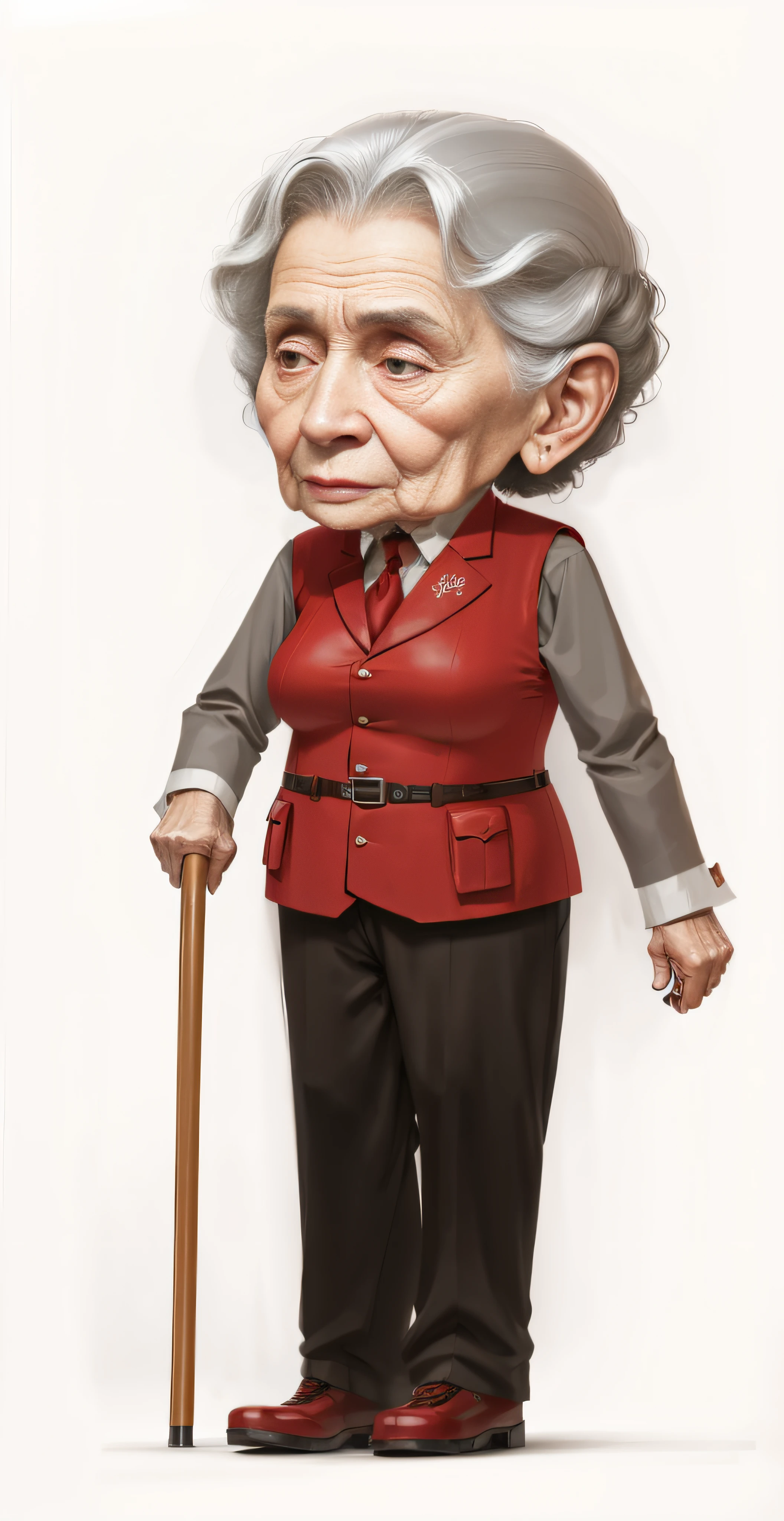 An old lady on crutches and a red vest. huge tit , low-contrast, Plain fabric
