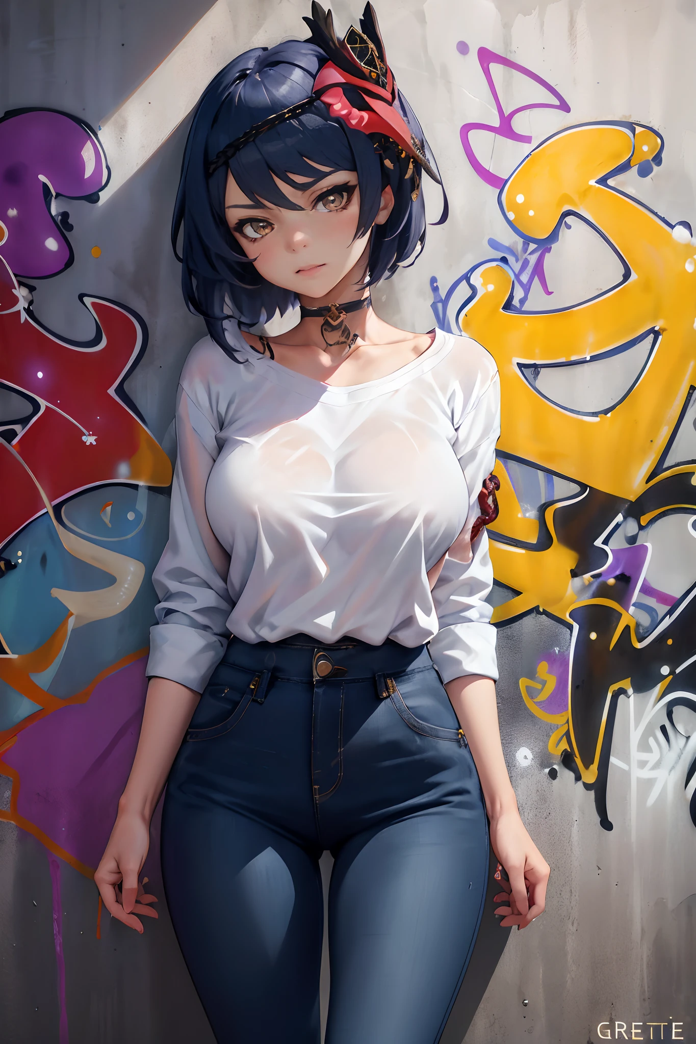 Kujou Sara Genshin Effect, masterpiece, bestquality, 1girls, oversized breasts, bara, dress shirt, Long Jeans, choker, (Graffiti:1.5), Splash with purple lightning pattern., arm behind back, against wall, View viewers from the front., Thigh strap, Head tilt, bored, water eyes,