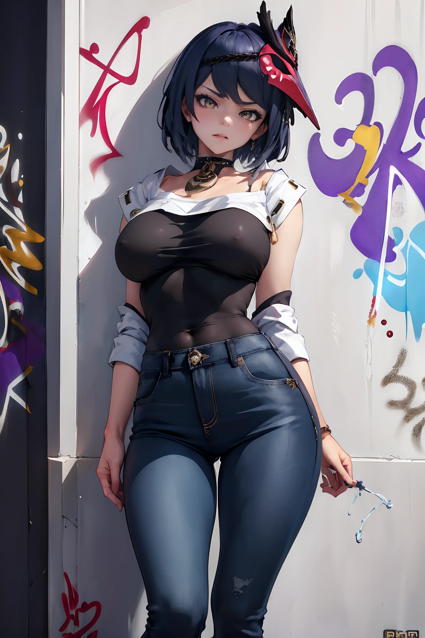 Kujou Sara Genshin Effect, masterpiece, bestquality, 1girls, oversized breasts, bara, dress shirt, Long Jeans, choker, (Graffiti:1.5), Splash with purple lightning pattern., arm behind back, against wall, View viewers from the front., Thigh strap, Head tilt, bored, water eyes,