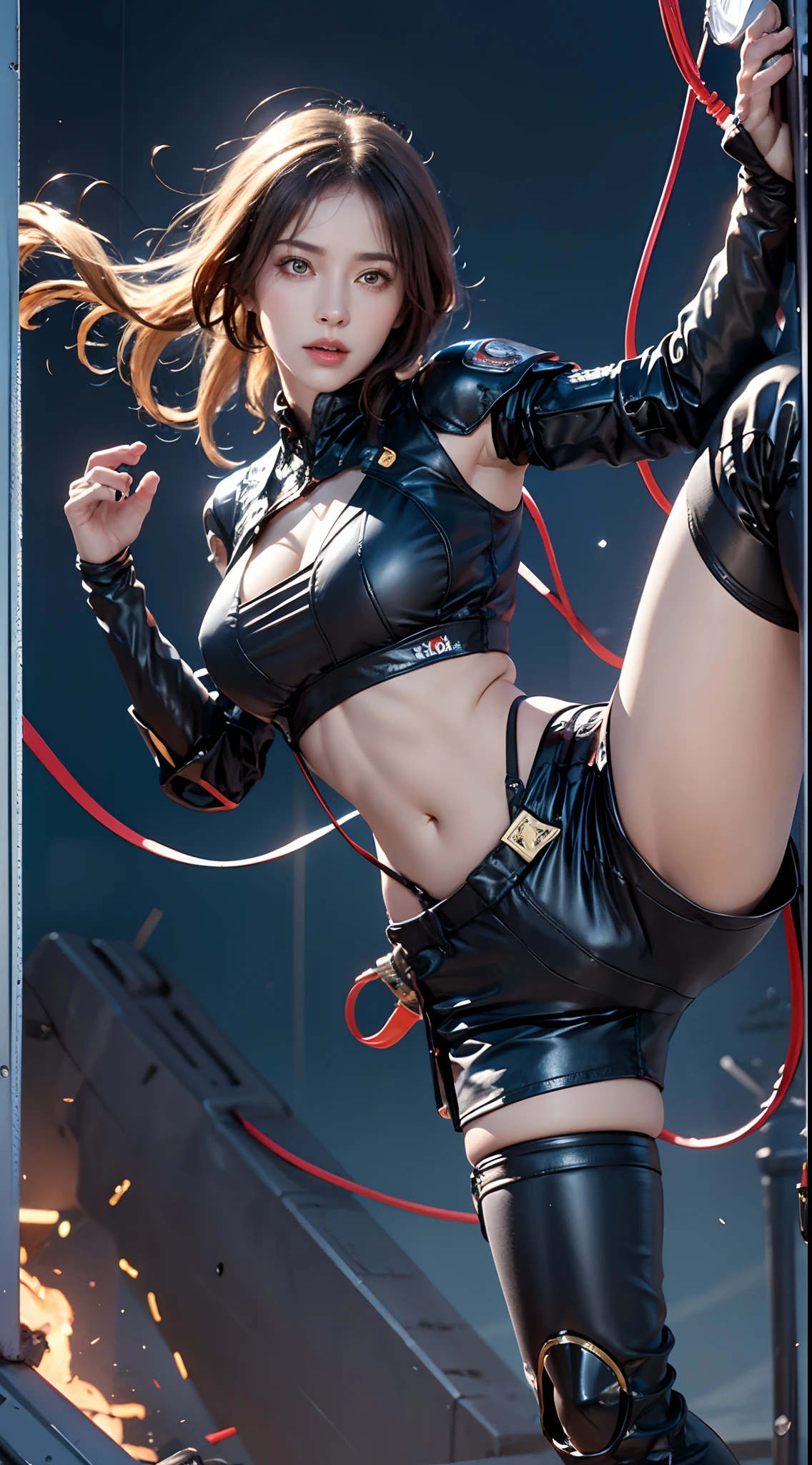 photorealistic, high resolution, 1women, mature female, solo, hips up, robot, anatomically perfect woman,carbon fiber,tactical, black metal, wiring,glowing eyes,artificial muscle,exposed machinery, full robot body, Kicking the neck, shorts, high chest kick, Action, side kick, Background blue sky, BG blue sky.