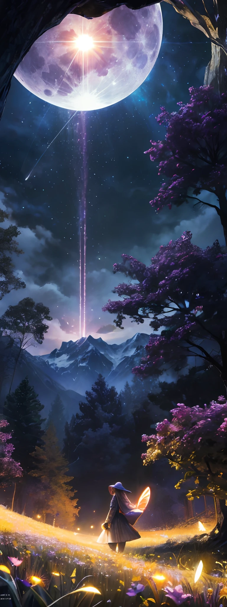 Vast landscape photo, (viewed from below, the sky is above and the open field is below), a girl standing on a flower field looking up, (full moon: 1.2), (meteor: 0.9), (nebula: 1.3), distant mountains , Trees BREAK Crafting Art, (Warm Light: 1.2), (Fireflies: 1.2), Lights, Lots of Purple and Orange, Intricate Details, Volumetric Lighting, Realism BREAK (Masterpiece: 1.2), (Best Quality), 4k, Ultra-Detailed, (Dynamic Composition: 1.4), Very Detailed, Colorful Details, (Rainbow Colors: 1.2), (Glow Lighting, Atmospheric Lighting), Dreamy, Magical, (Solo: 1.2)