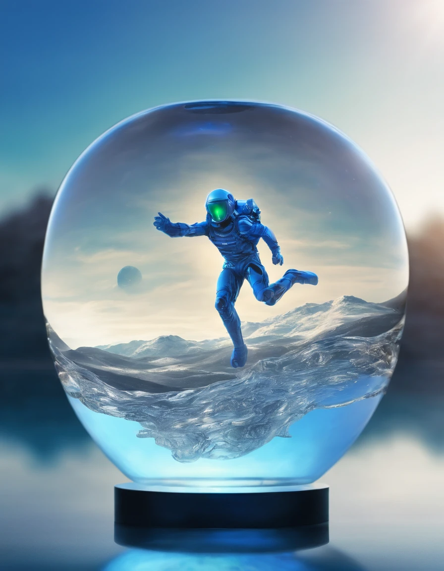 running man on the Sphere glass ,, glass transparent apple floating over clear water, winter, blue sky,