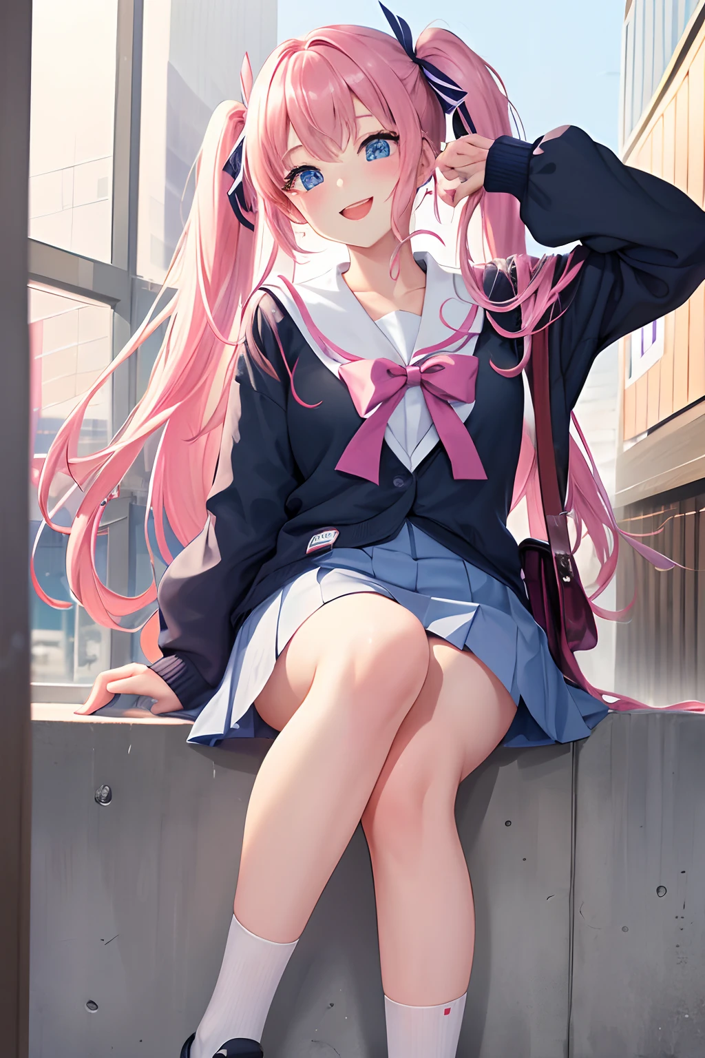 ​masterpiece:1.2、hightquality、top-quality、hight resolution、detaileds、A hyper-realistic、２０Beauty of the same age、long hair with pink twin tails,,,,,,,,,,,,,,,,,,、Beautiful blue eyes、tilt of the head、morning glow、birdie、rainbows、portlate、Lovely smile、Smiling schoolgirl、High School Uniform、(A detailed face)、((foco nítido))、((faces))、full body Esbian