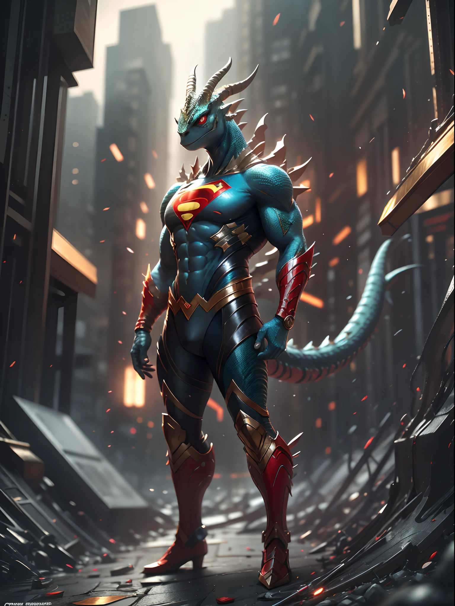 lizard, blue and red scales, super man outfit, 8k, super detail, ccurate, best quality, no mask, lizard face