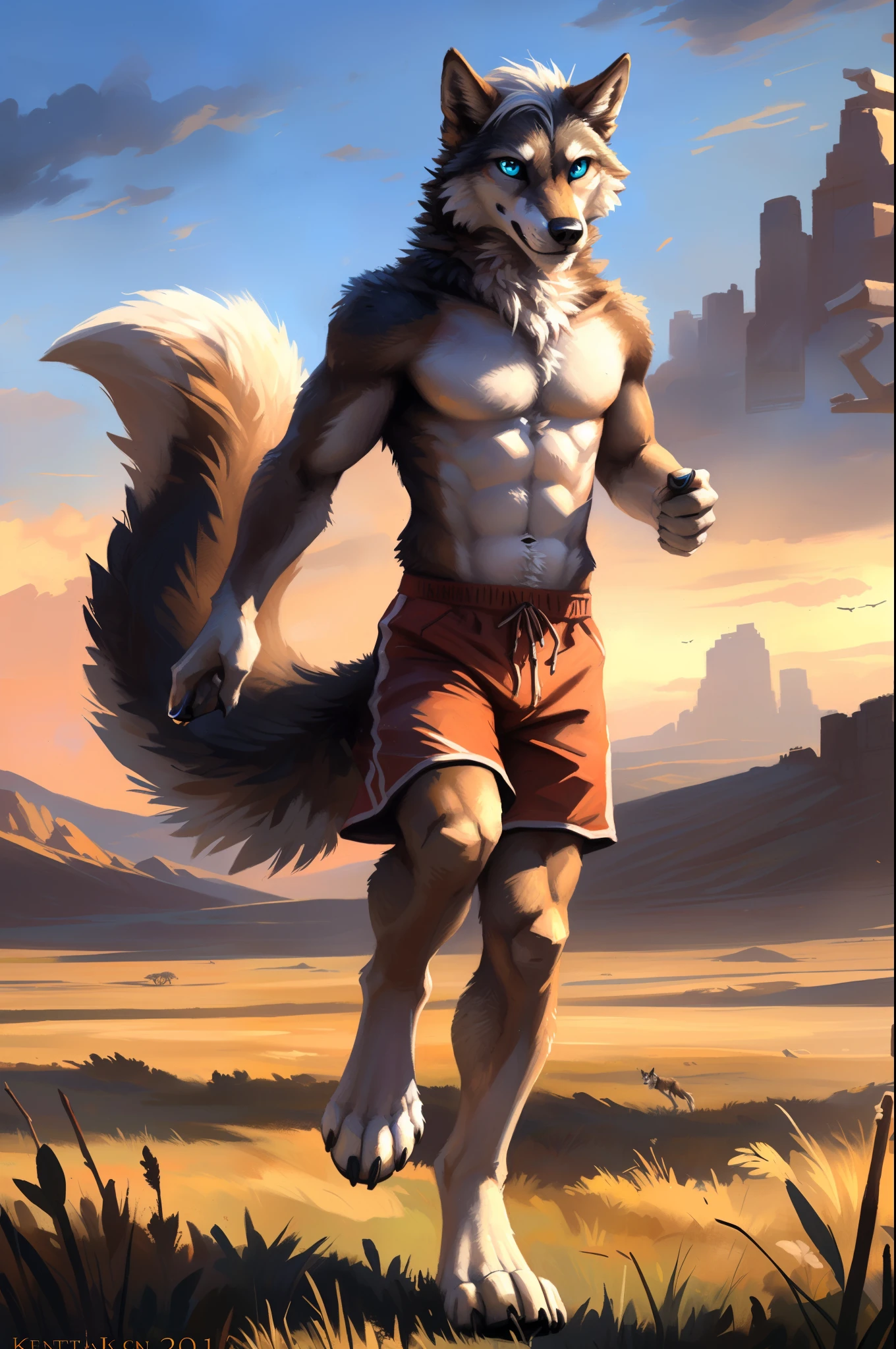 ((Solo)), male people, anthro wolf, (Multi-colored fur, White-brown:1.3), ((Wolf face, White hair, Big eyes, White eyelids, Blue pupil, Slim:1.2) (Tough, Calm expression:1.2)), Abs, Slim, pinging)), (Correct anatomy), (Work shorts:1.1), (Contour bone:1.2), The upper body is naked, (detailed outfits),A big tail,Feet,(Realistic fur, Detailed fur texture, labeled:1.3)), (Natural lighting), Photorealistic, Hyperrealistic, ultradetailed, by Kenket,Endless grasslands,No buildings,Running on