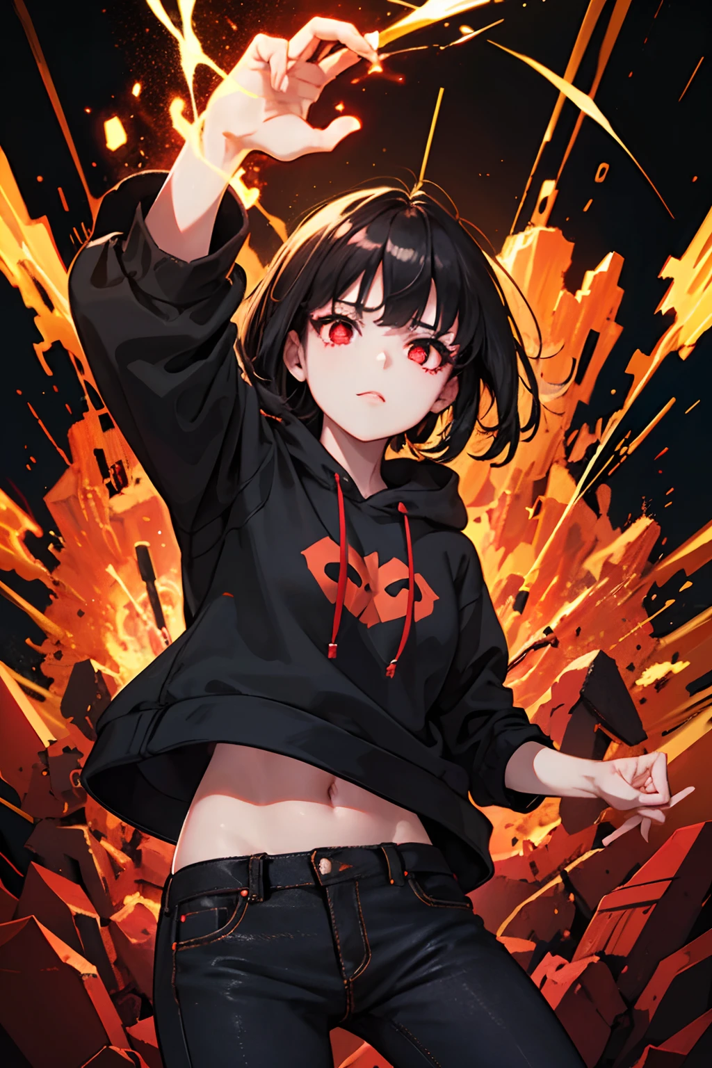 a girl in a black sweatshirt and black jeans, black hair, pale skin, glowing bright red eyes, red and gold sparks around, magic