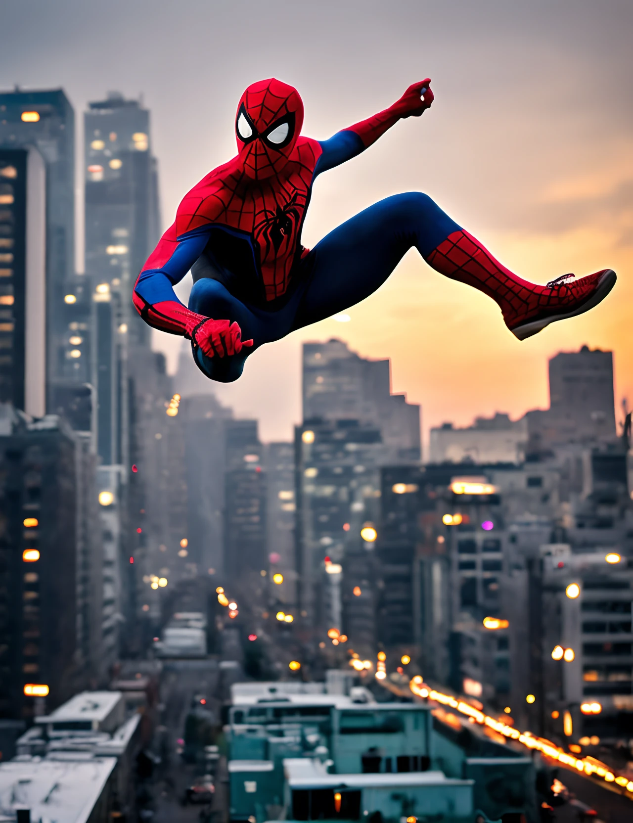 /imagine prompt: color photo of "Spiderman" in the midst of web-swinging through the city

A dynamic figure soaring through the air, suspended by a web,
Graceful and agile, defying gravity's grip,
Muscles tense, radiating power and strength,
His iconic red and blue suit clinging to his form,
Eyes hidden behind a sleek, intimidating mask,
The wind whipping through his outstretched arms,
As he swings effortlessly from one skyscraper to another,
The cityscape below, a sprawling maze of lights,
A bustling metropolis that never sleeps,
Buildings reaching for the heavens, casting long shadows,
The sound of traffic and distant sirens filling the air,
A sense of excitement and adventure, pulsating in every frame,
Captured in vivid colors that bring the scene to life,
A moment frozen in time, an emblem of heroism and bravery,
A testament to the indomitable spirit of Spiderman.

Camera Model: Sony A7III
Color Film Type: Kodak Portra 400
Lens: Sony FE 24-70mm f/2.8 GM
Techniques: High-speed sync flash, panning motion blur

Directors: Christopher Nolan, Quentin Tarantino, Steven Spielberg
Cinematographers: Roger Deakins, Emmanuel Lubezki, Hoyte van Hoytema
Photographers: Annie Leibovitz, Steve McCurry, Sebastian Salgado
Fashion Designers: Alexander McQueen, Giorgio Armani, Karl Lagerfeld

—c 10 —ar 2:3