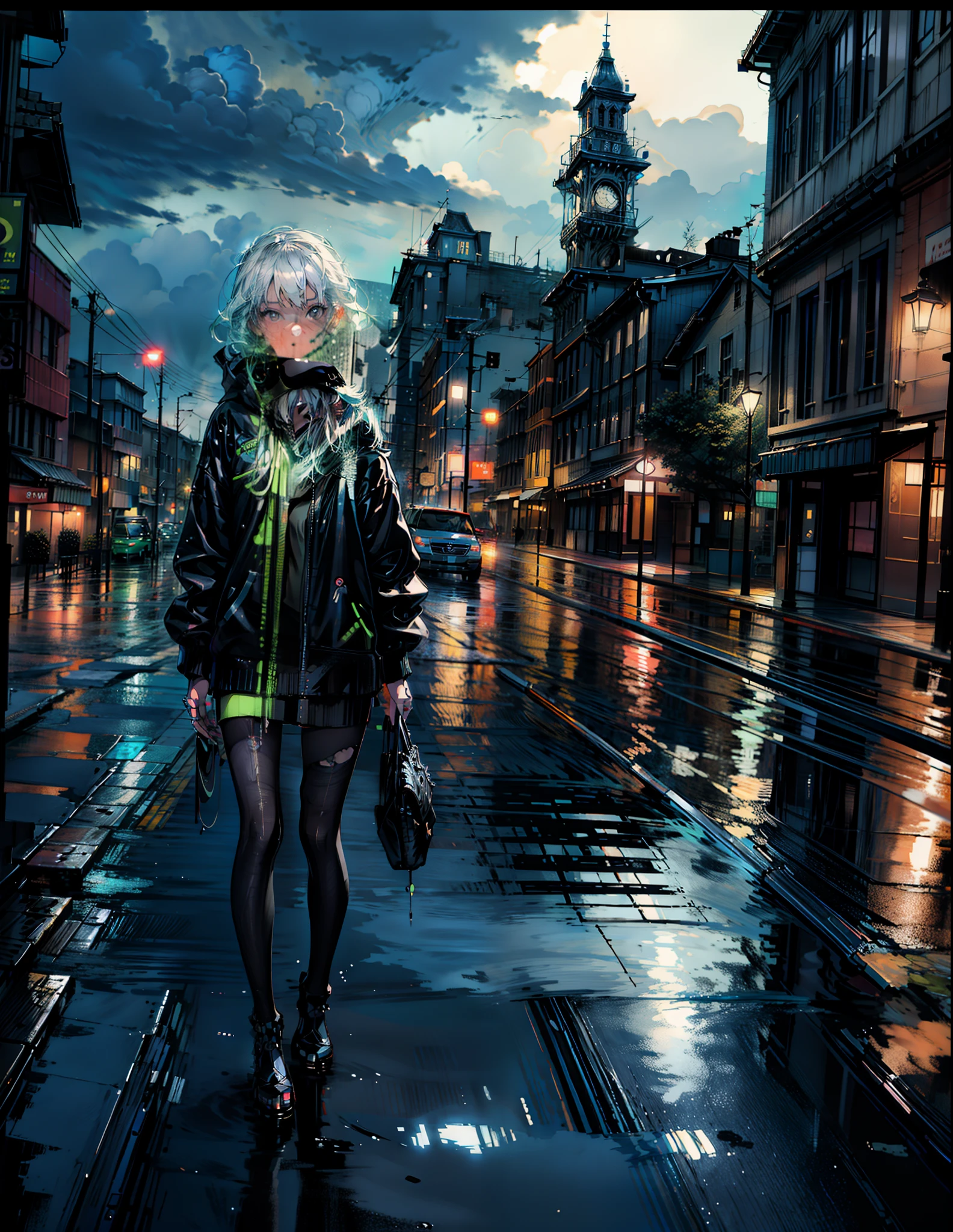 painting of a neon grean color theme,moonlight, city ,rainy night, water reflection , 4k hd, moonlight, cloud,ocean, moonlight reflection,beautiful art uhd 4 k, a beautiful artwork illustration, beautiful digital painting, highly detailed digital painting, beautiful digital artwork, detailed painting 4 k, very detailed digital painting, rich picturesque colors, gorgeous digital painting