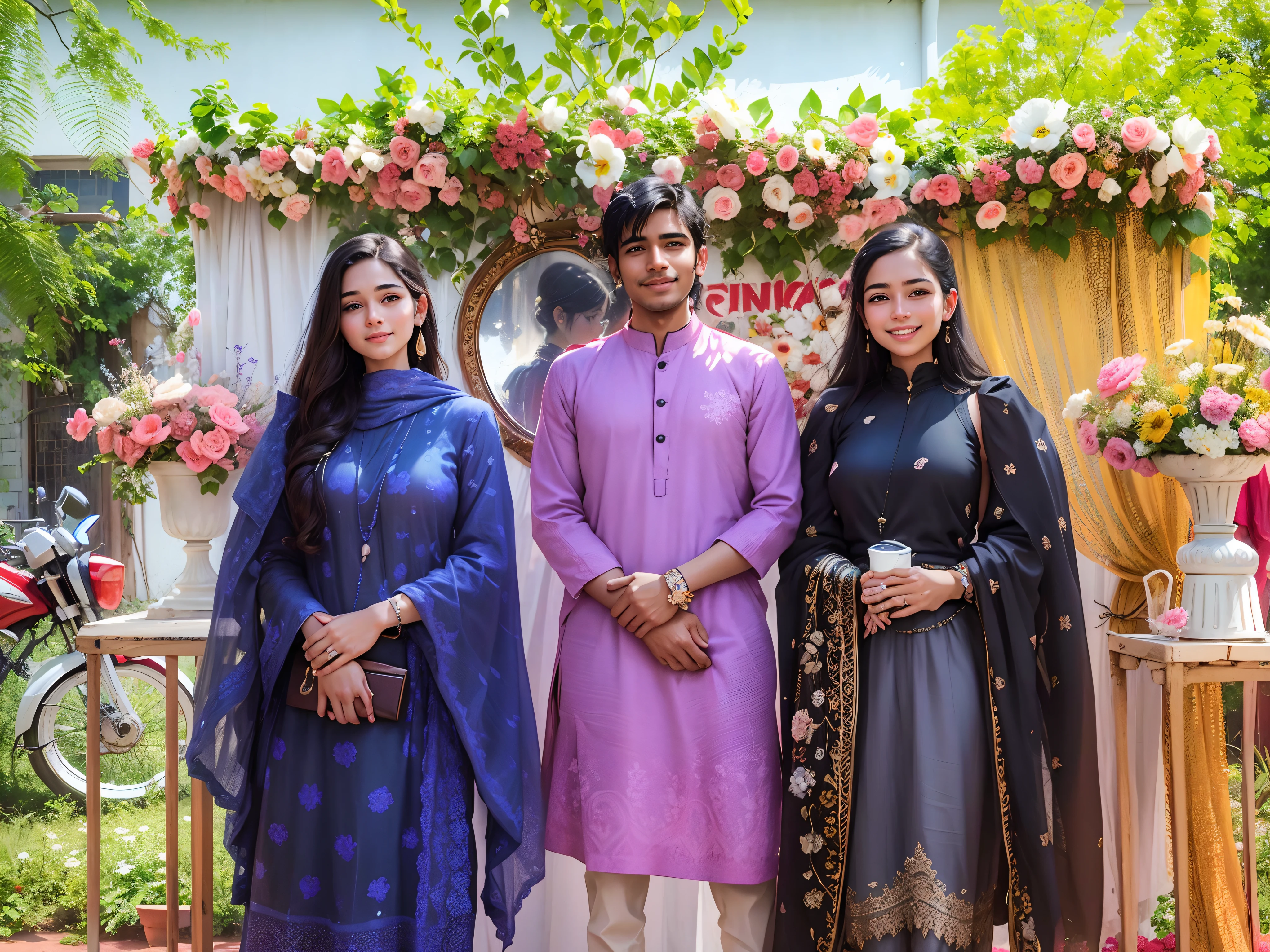 Young american girl, 20 yo, delicate and beautiful girl, gentle smile, Dynamic posture, dinamic angle, Women's jewelry, Ornaments, Indian Garden, Sunny day,  Flowers, hyper realisitc, hyper-detailing, 8K, smile, nsfw, handsome, lovely, stunning, realistic face, smile