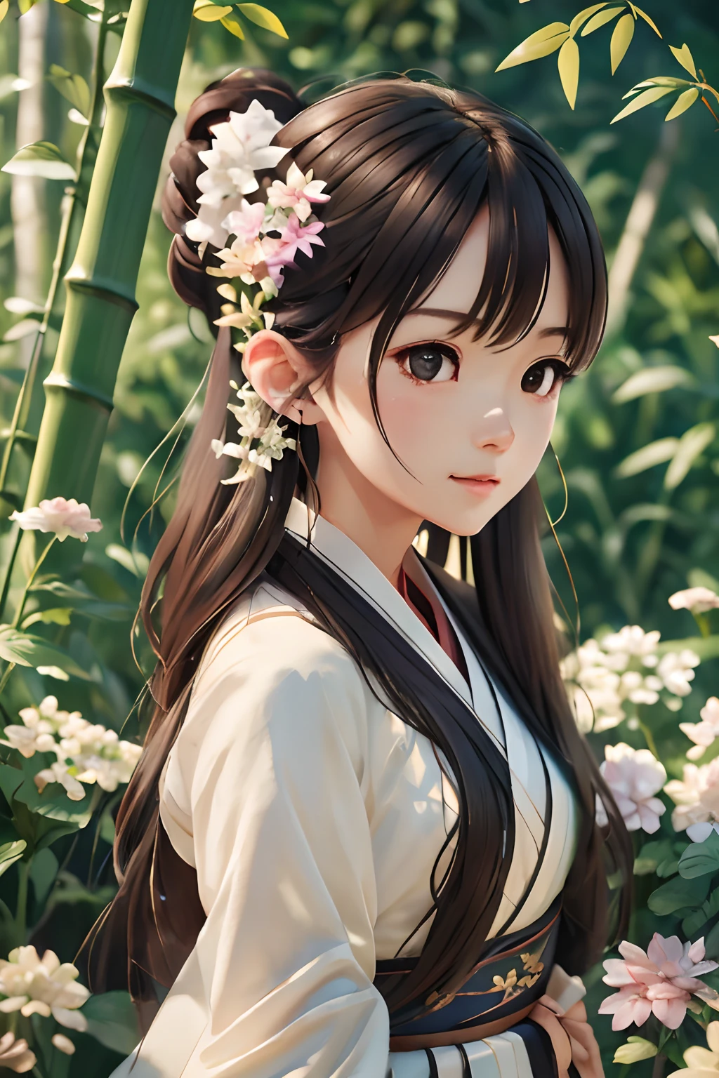 （best qualtiy，tmasterpiece，Hyper-realistic），1 beautiful and delicate girl，full bodyesbian，Playful and cute，Hanfu, Chao yang, sonoko, Bamboo, hydrangeas,(illustration: 1.0), Epic composition, Realistic lighting, HD details, Masterpiece, Best quality, (Very detailed CG unity 8k