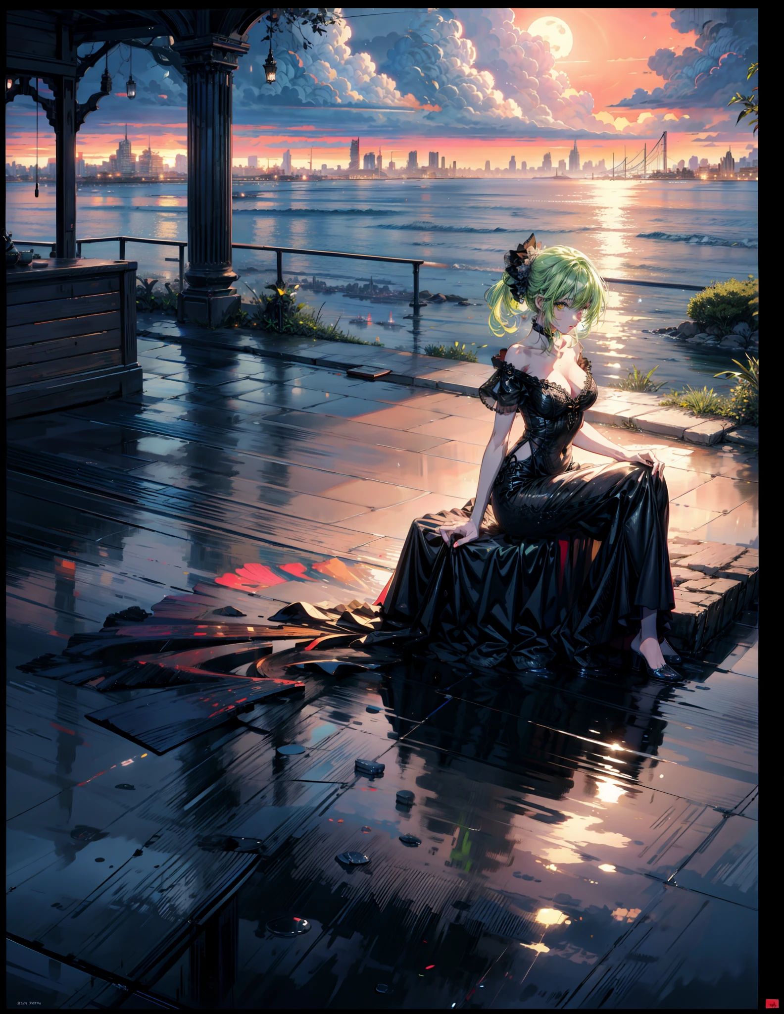 painting of a neon grean color theme,moonlight, city ,rainy night, water reflection , 4k hd, moonlight, cloud,ocean, moonlight reflection,beautiful art uhd 4 k, a beautiful artwork illustration, beautiful digital painting, highly detailed digital painting, beautiful digital artwork, detailed painting 4 k, very detailed digital painting, rich picturesque colors, gorgeous digital painting