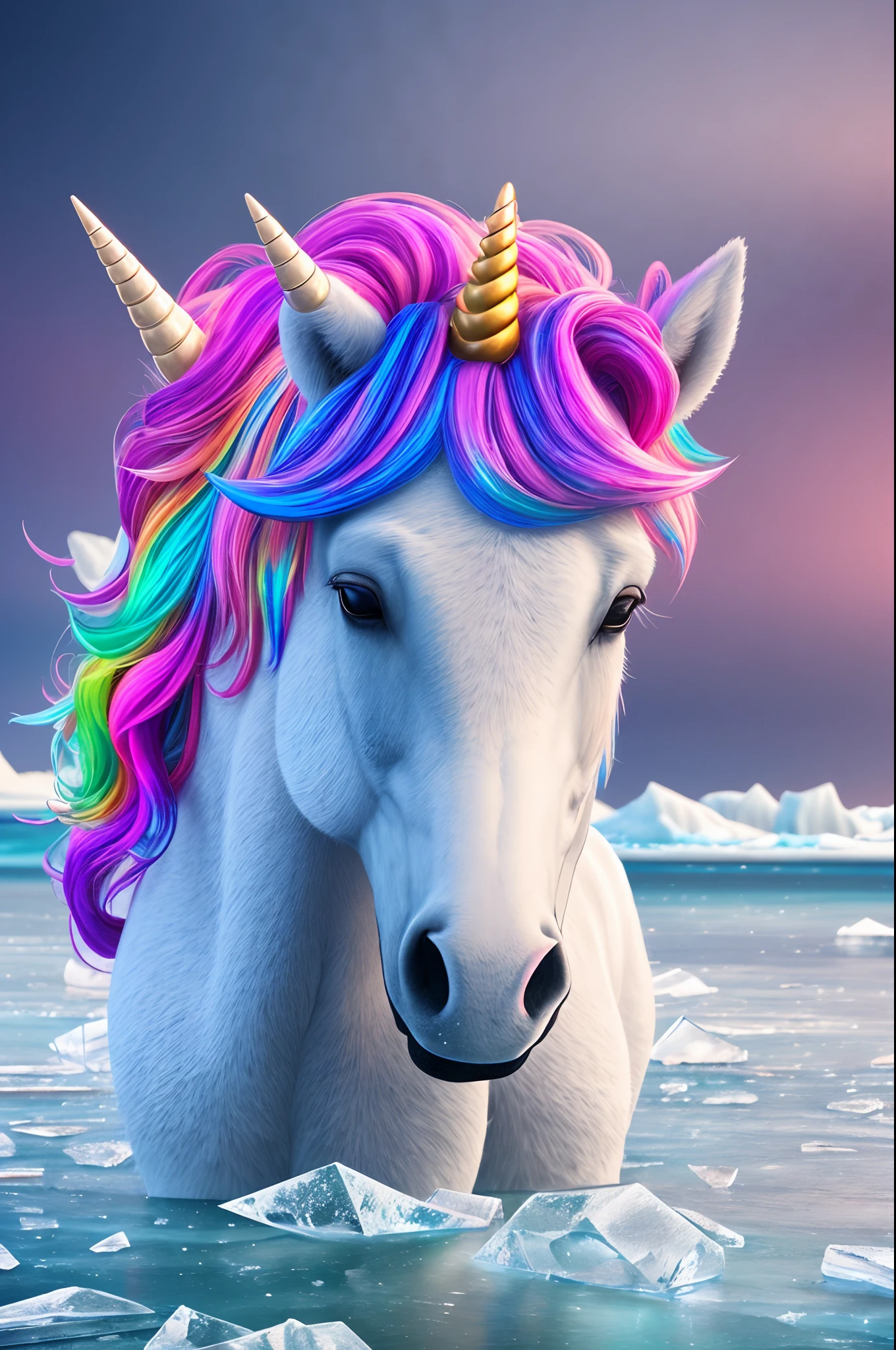 Realistic 8k render of a beautiful and multilayered Unicorn with iridescent magical neons growing out of the ice. Magical, mystical, vibrant colors. A frozen ocean on a white shoreline --auto --s2