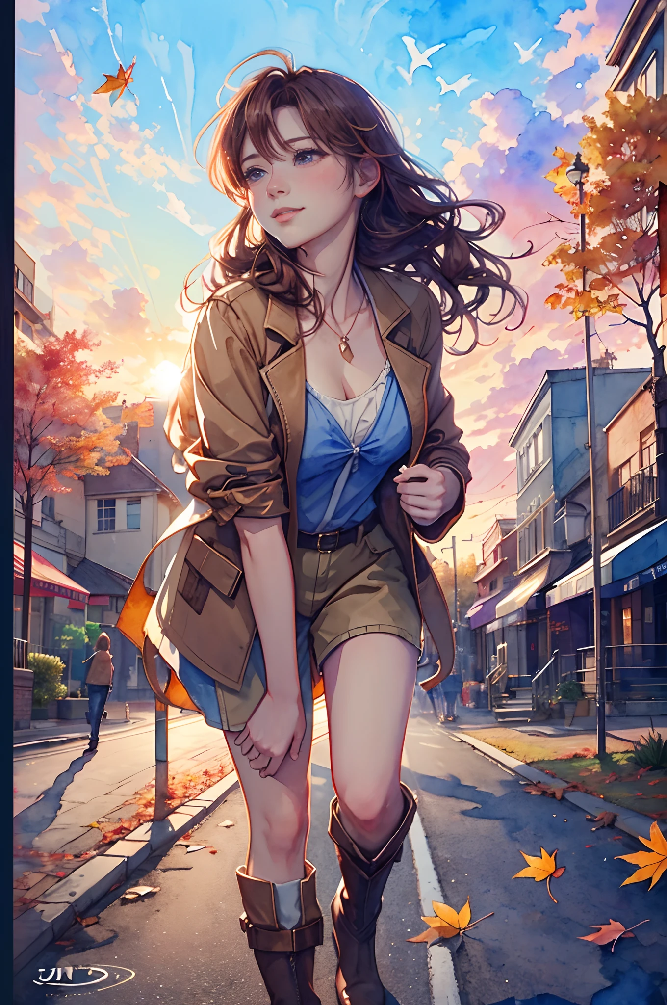 8K, masutepiece, Highest Quality, (From below),a closeup , 1 woman at 25 years old,A slight smil, long wavy brown hair,Breasts are big,City walk in autumn,Street Trees, (Sunset sky:1.2),Portrait, watercolor sketch, Falling leaves flutter, watercolor paiting(/Medium/), watercolor paiting, (Blouse without a plain white collar:1.2), (Brown jacket:1.3),(JINS:1.3),(Leather Short Boots:1.2),watercolor paiting