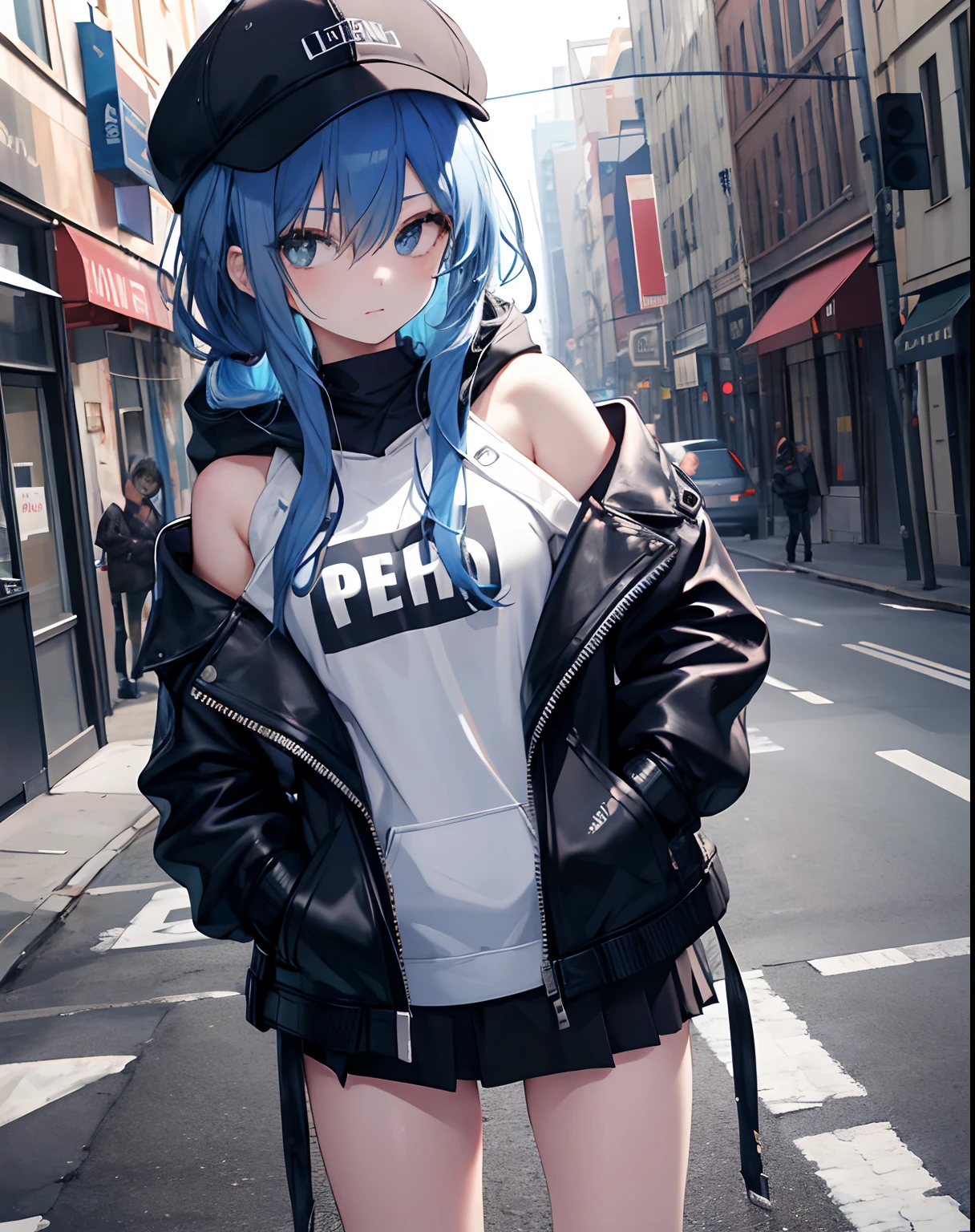 masterpiece,1girl,solo,long hair,blue hair,hoodie,off shoulder:1.2, mob cap, street,hand on hip, hand in pocket,leather jacket,