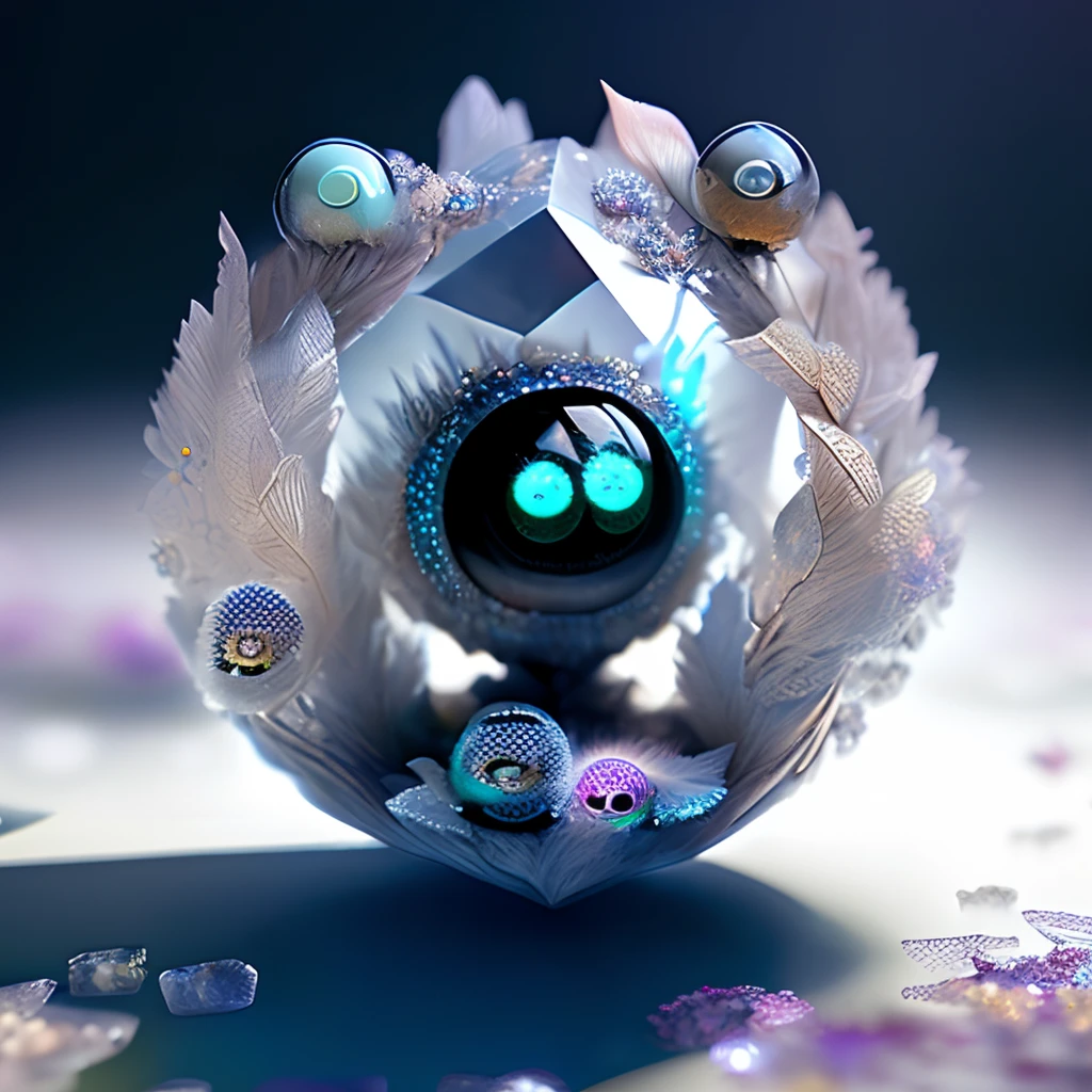 dreamlikeart levitating ice crystal of quartz, diamond, misty, (((multiple eyes))), chromatic aberration, insane details, intricate details, hyperdetailed, fluffy, realistic, photo, canon, dreamlike, art, colorfull leaves and branches with flowers on top of its head. hyperdetailed photorealism by greg rutkowski