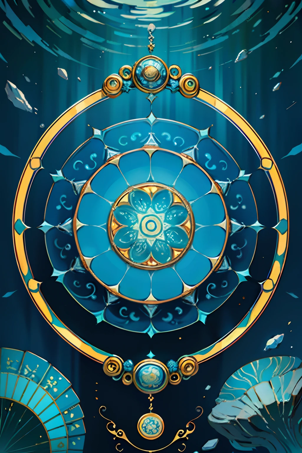A round ornamental six pointed mandala made of a swirling, whirlpool of splashing blue ocean water, surrounded by rocks.