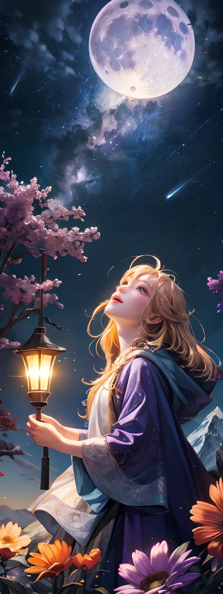 Expansive landscape photograph,(look from down,Above is the sky,Below are open fields),A wizard standing on a field of flowers looking up,(moon full:1.2),(meteors:0.9),(Starcloud:1.3),Far Mountain, Tree BREAK making art,(Warm light source:1.2),(glowworm:1.2),lamp lights,Lots of purple and orange,Complicated details,Volumetriclighting,Realism BREAK(tmasterpiece:1.2),(best qualtiy),4k,Ultra-detailed,(dynamic compositions:1.4),The is very detailed,Colorful details,(Irridescent color:1.2),(luminouslighting,Atmospheric lighting),dream magical,magical,(独奏:1.2)