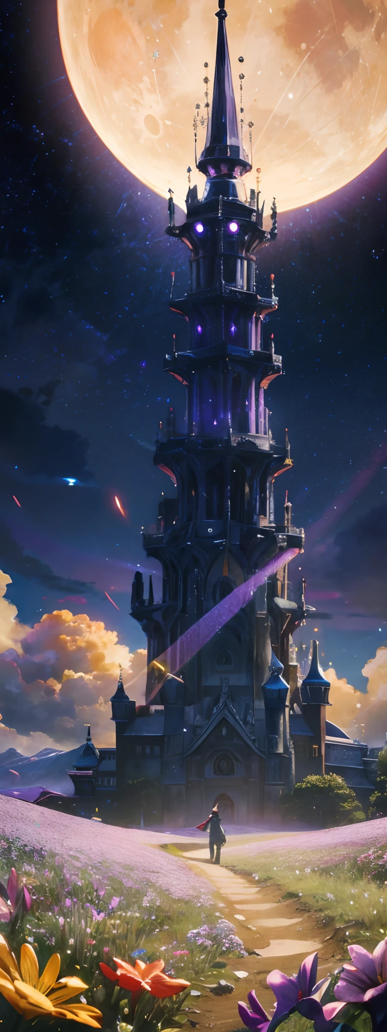 Expansive landscape photograph，（look from down，Above is the sky，Below are open fields），A wizard standing on a field of flowers looking up，（moon full：1.2），（meteors：0.9），（Starcloud：1.3），Far Mountain, Tree BREAK making art，（Warm light source：1.2），（glowworm：1.2），lamp lights，Lots of purple and orange，Complicated details，Volumetriclighting，Realism BREAK（tmasterpiece：1.2），（best qualtiy），4k，Ultra-detailed，（dynamic compositions：1.4），The is very detailed，Colorful details，（Irridescent color：1.2），（luminouslighting，Atmospheric lighting），dream magical，magical，（独奏：1.2）